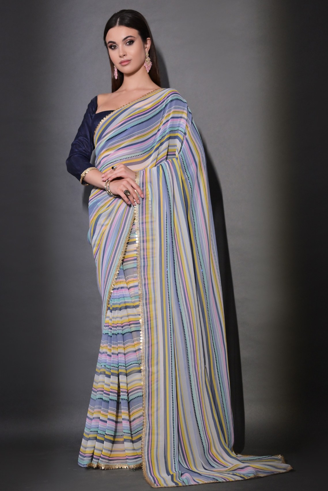 Boston Blue Georgette Lehriya Silk Saree