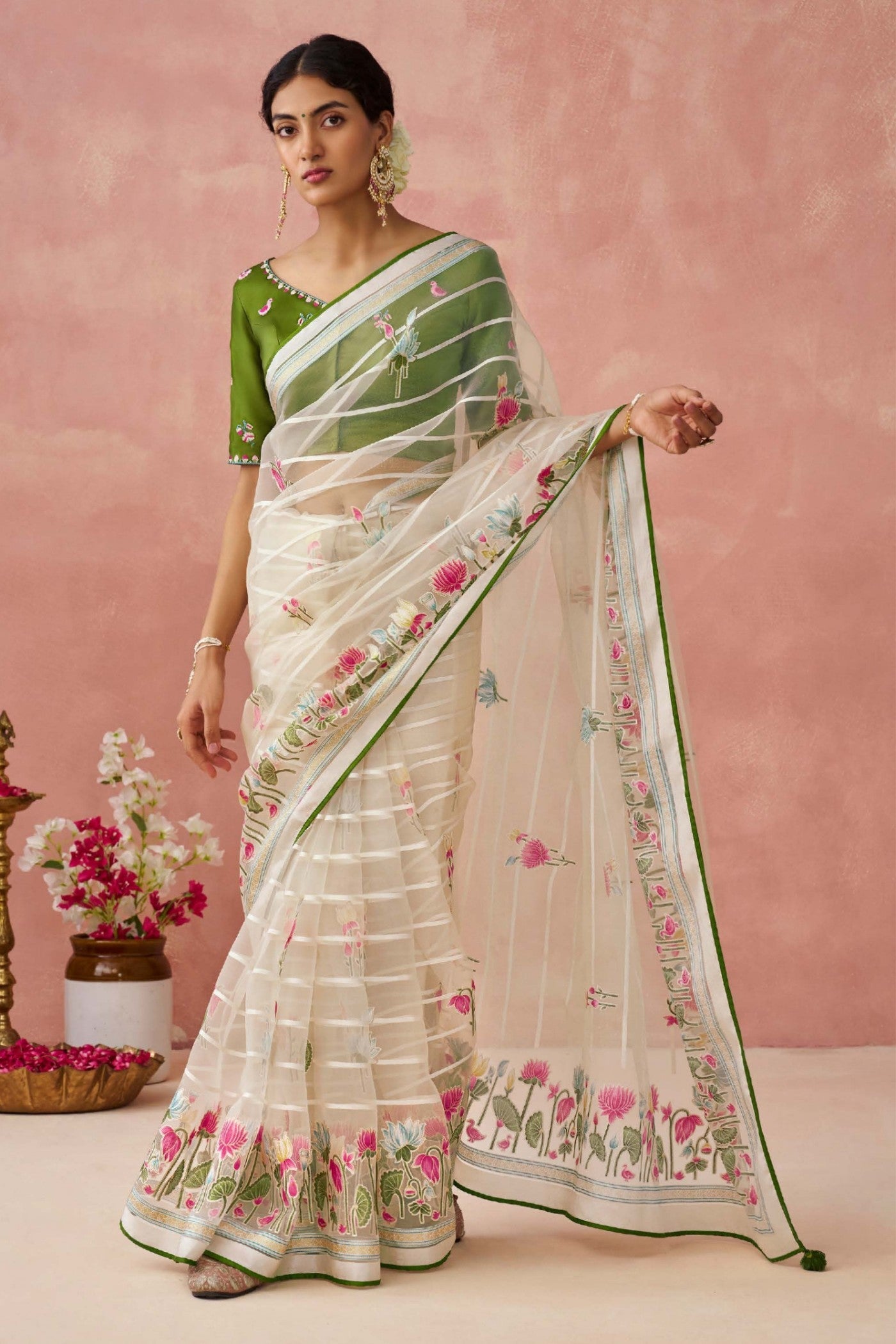 Pearl White and Green Brasso Organza Printed Saree