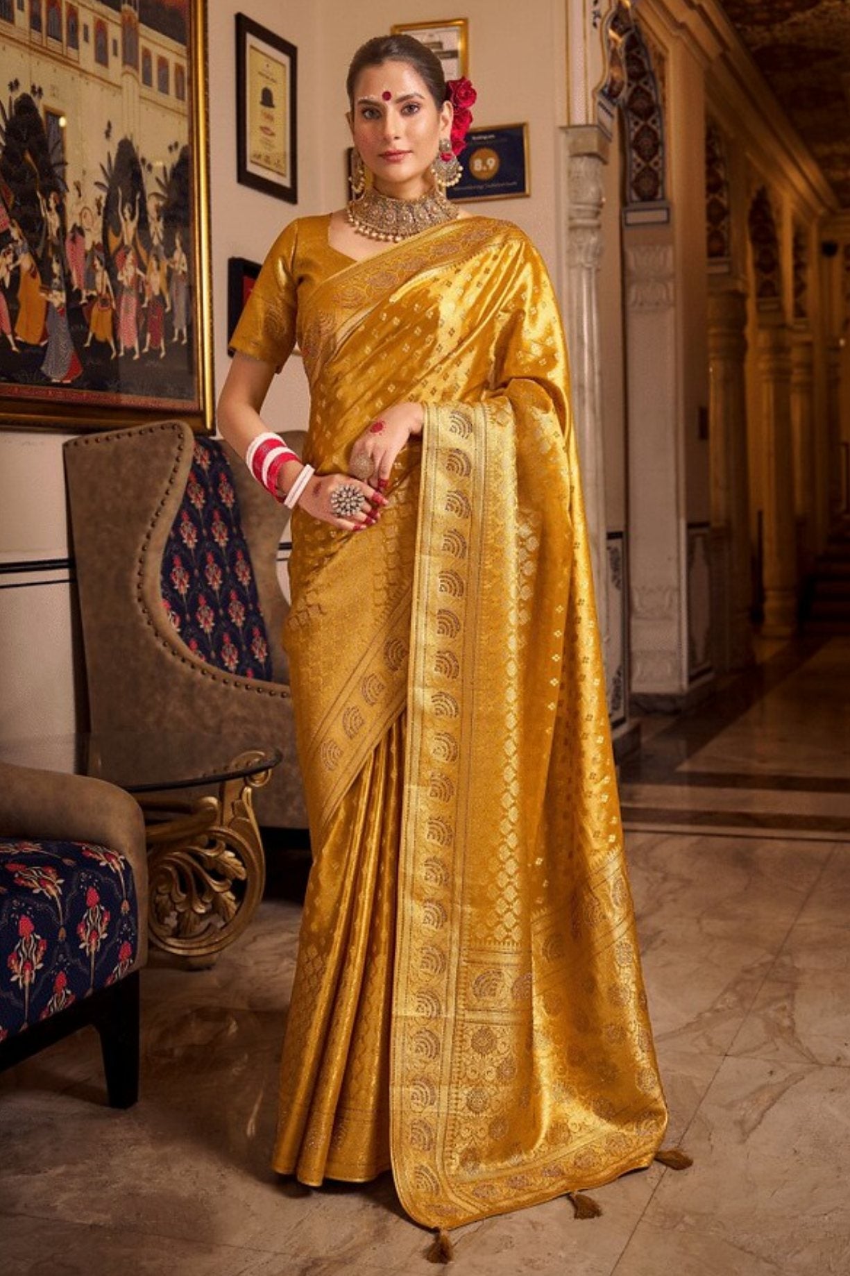 Golden Yellow Zari Woven Banarasi Saree