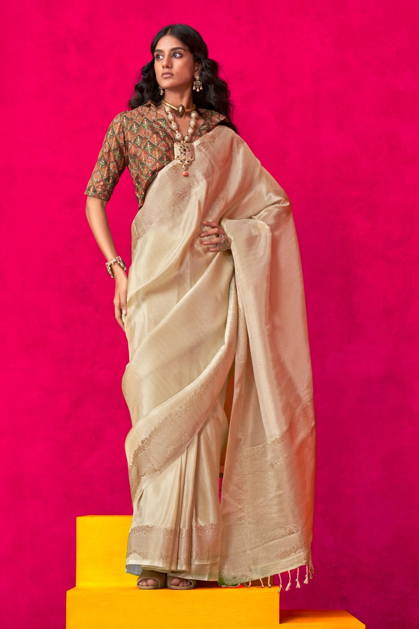 Bison Cream Tissue Silk Saree