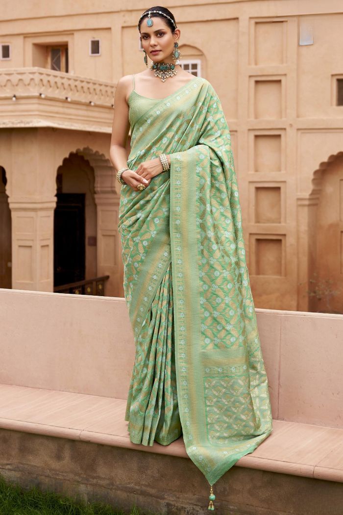 Lime Green Woven Banarasi Saree