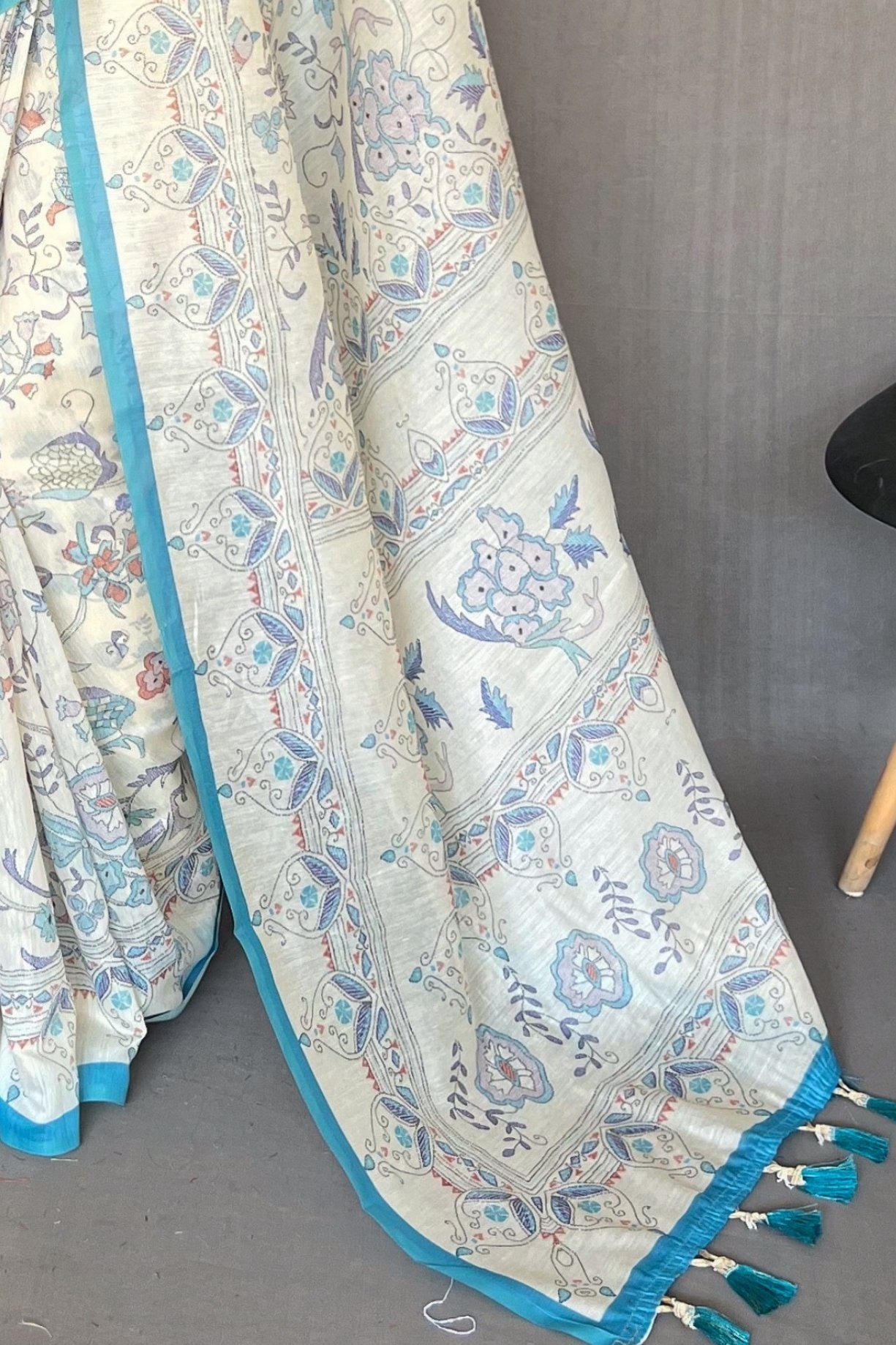 River Blue and White Printed Cotton Saree