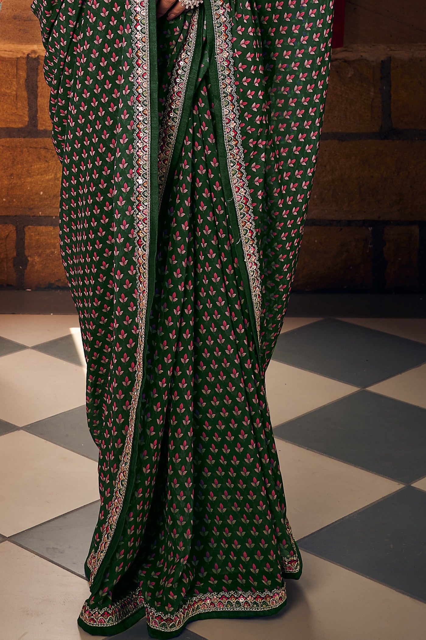 Dark Leaf Green Georgette Digital Printed Saree