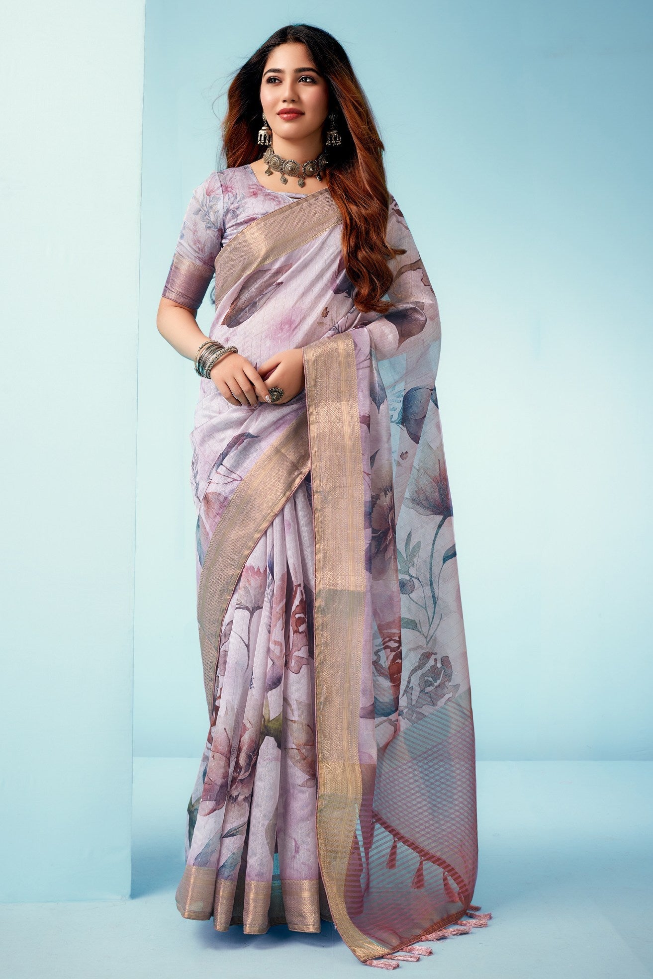 Eggplant Purple Floral Linen Saree