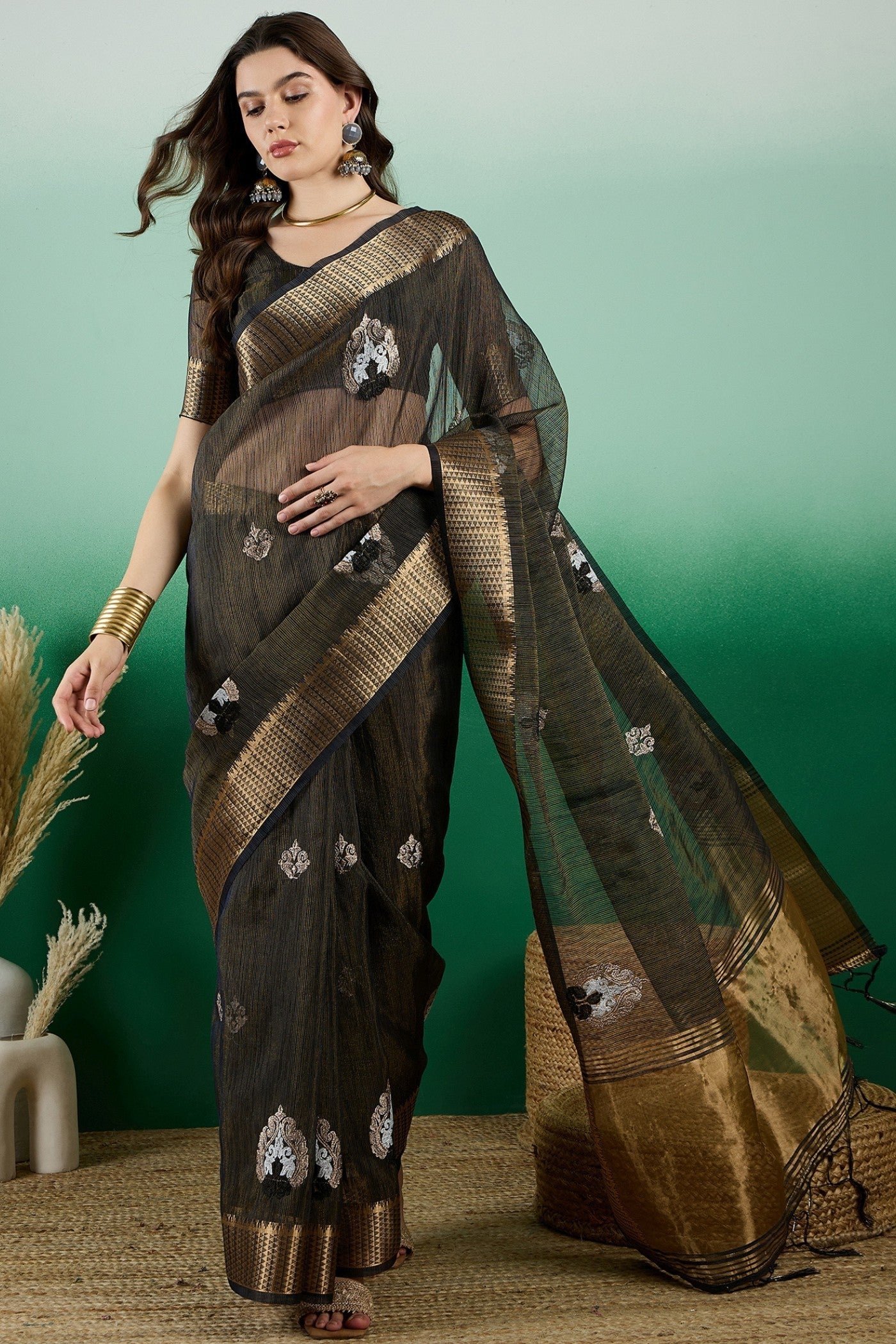 Coral Black Khadi Organza Saree