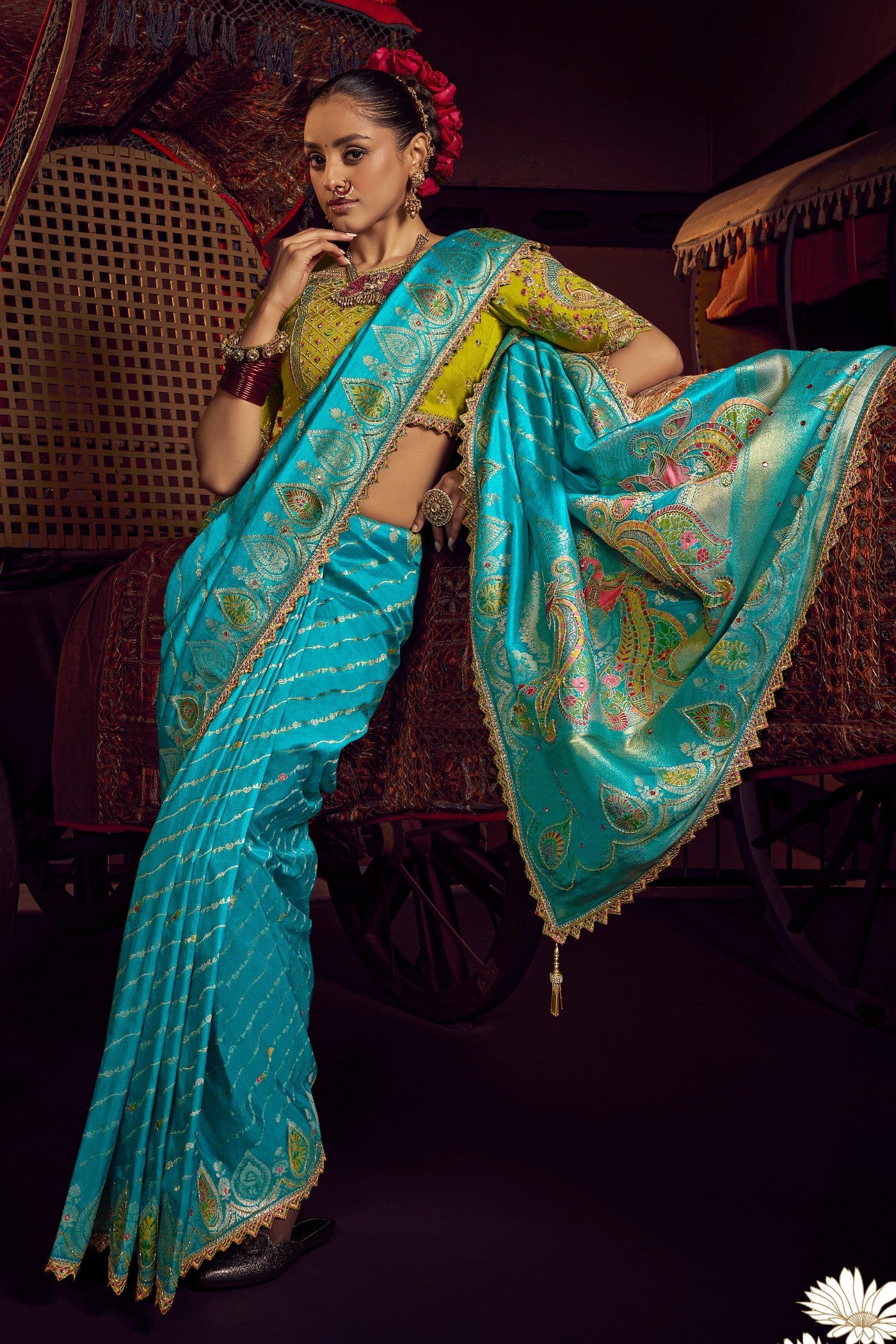 Genoa Blue Designer Banarasi Dola Silk Saree