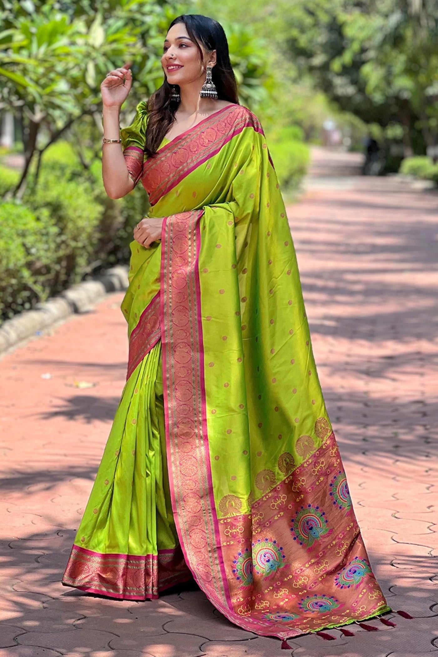 Parrot Green Zari Woven Paithani Saree