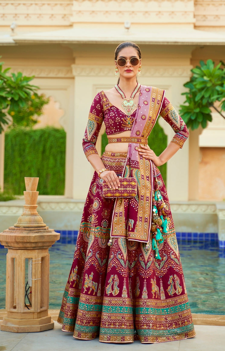 Coral Maroon Woven Lehenga Choli With Heavy Embroidery Work