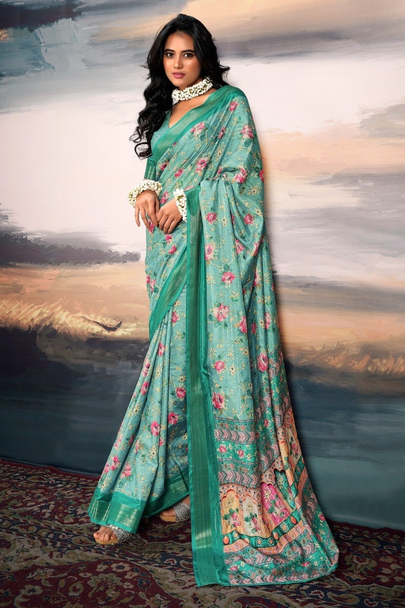 Opal Blue Digital Printed Cotton Saree