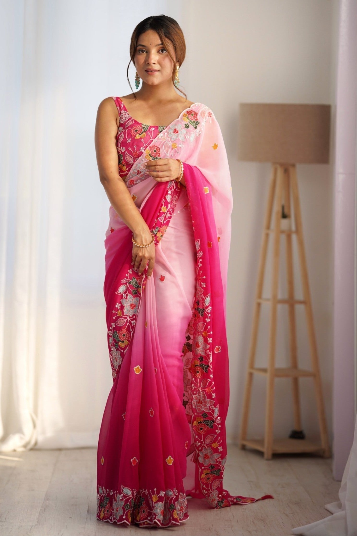 Taffy Pink and White Georgette Saree