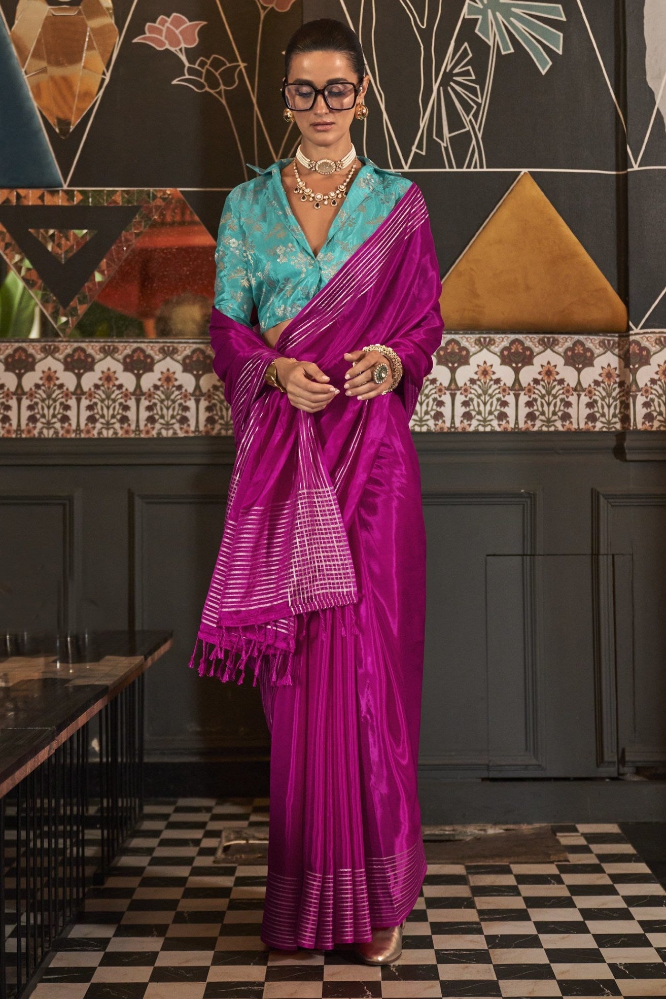 Tapestry Purple Viscose Satin Handloom Saree