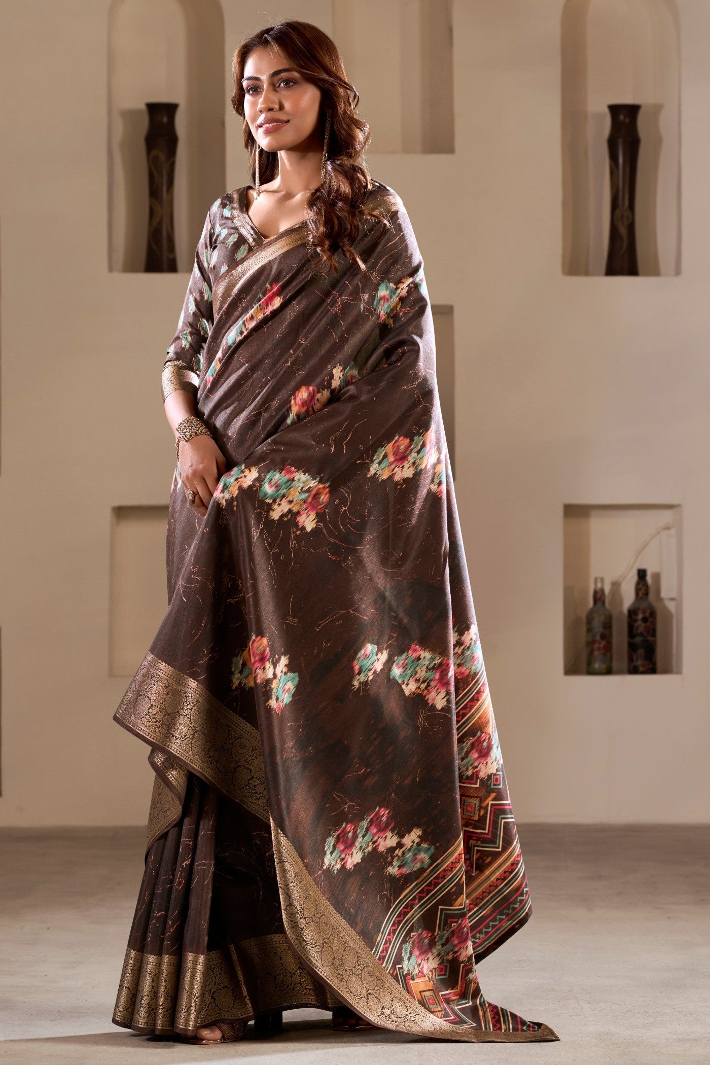 Americano Coffee Brown Printed Soft Dola Silk Saree