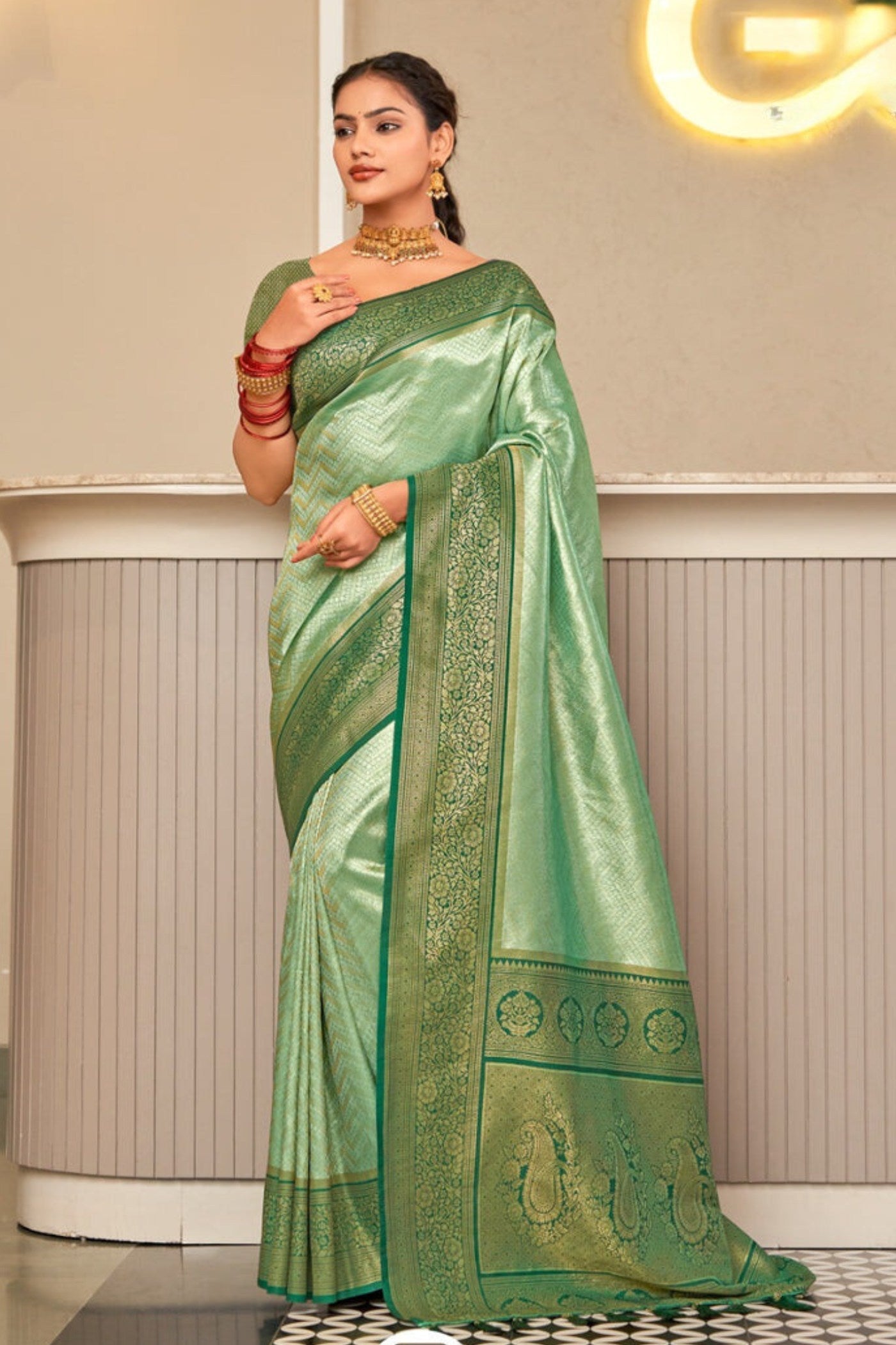 Shimmer Green Zari Woven Kanjivaram Saree