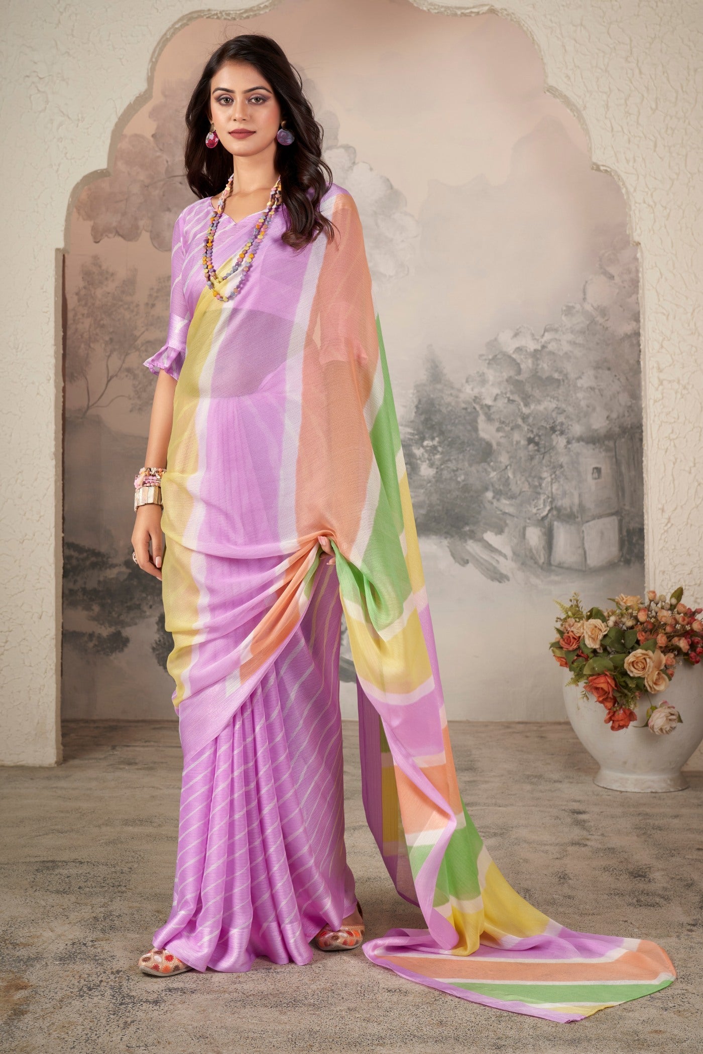 Yardely Lavender Printed Satin Silk Saree