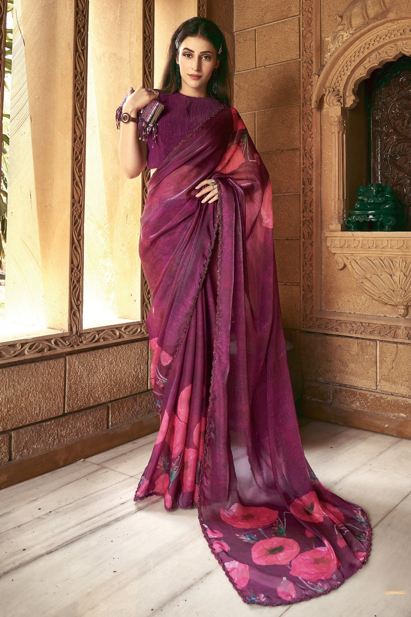 Orchid Pearl Purple Satin Printed Silk Saree