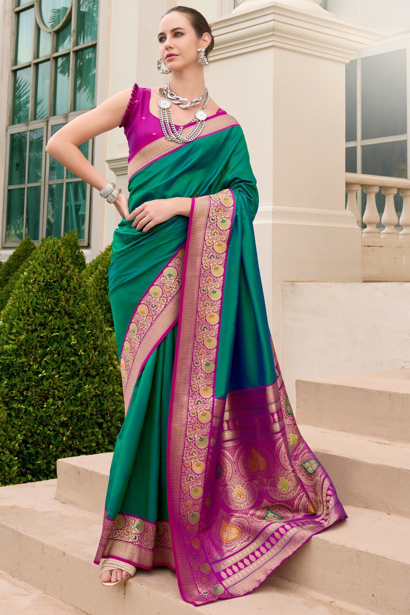 Watercourse Green Woven Banarasi Soft Silk Saree