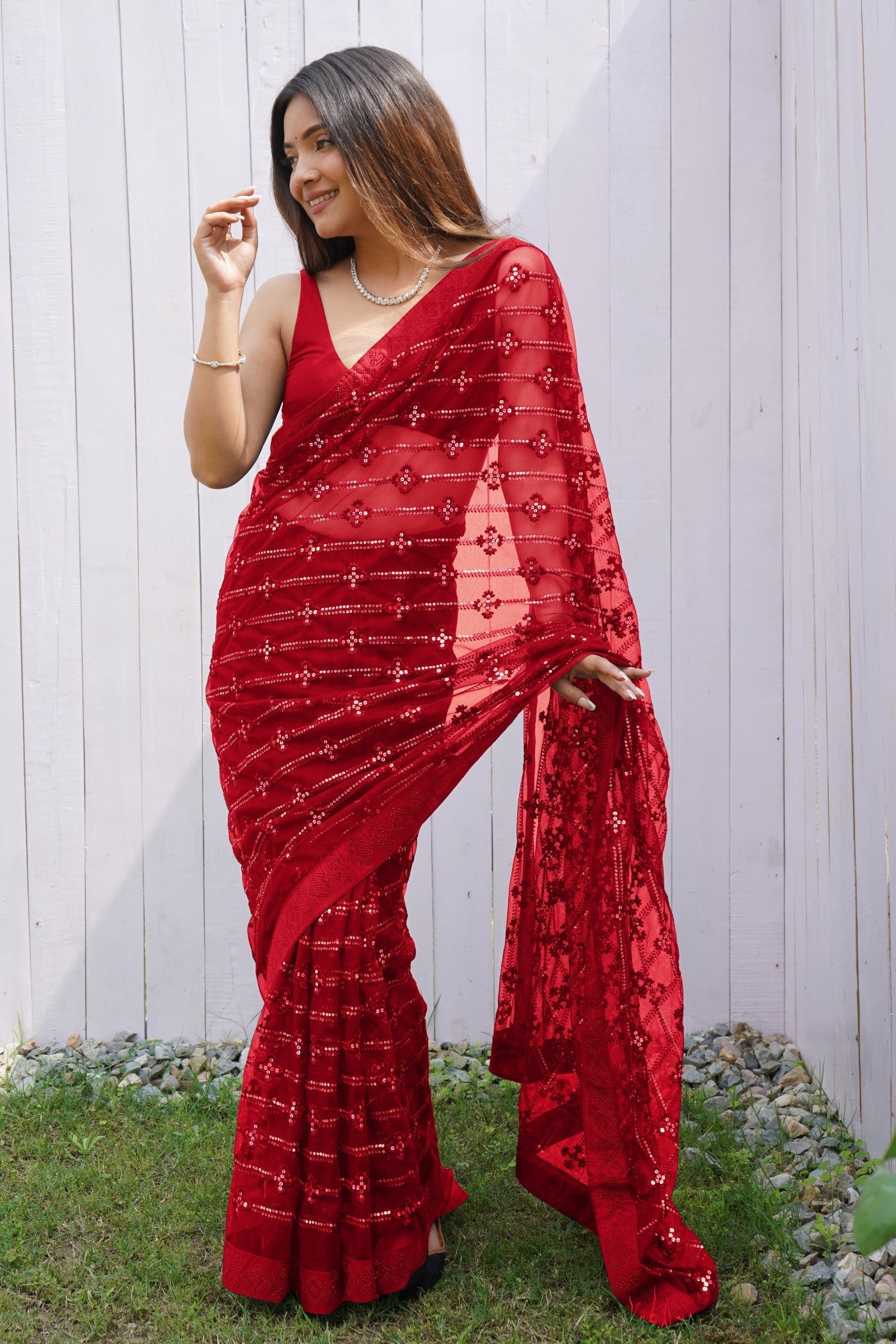 Romantic Red Embroidered Partywear Saree