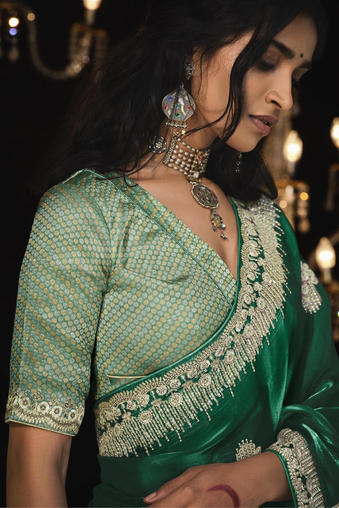 Hunter Green Tissue Embroidered Designer Saree