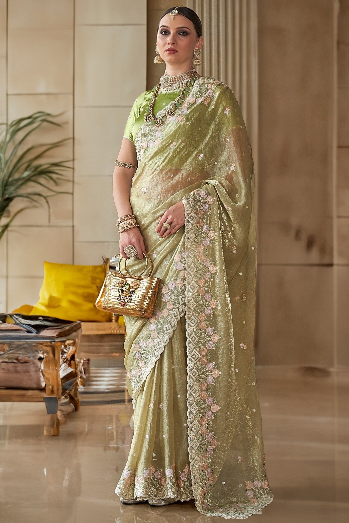 Heathered Green Tissue Designer Saree