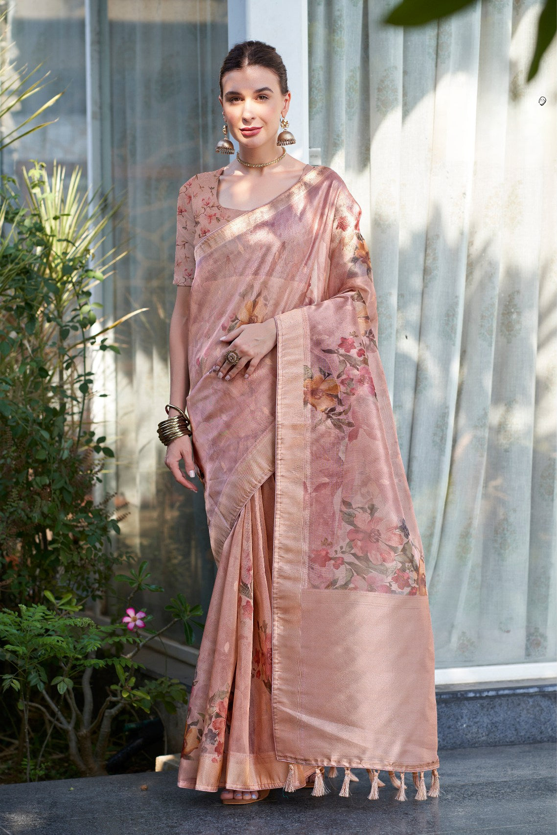 Cupid Pink Digital Printed Organza Saree