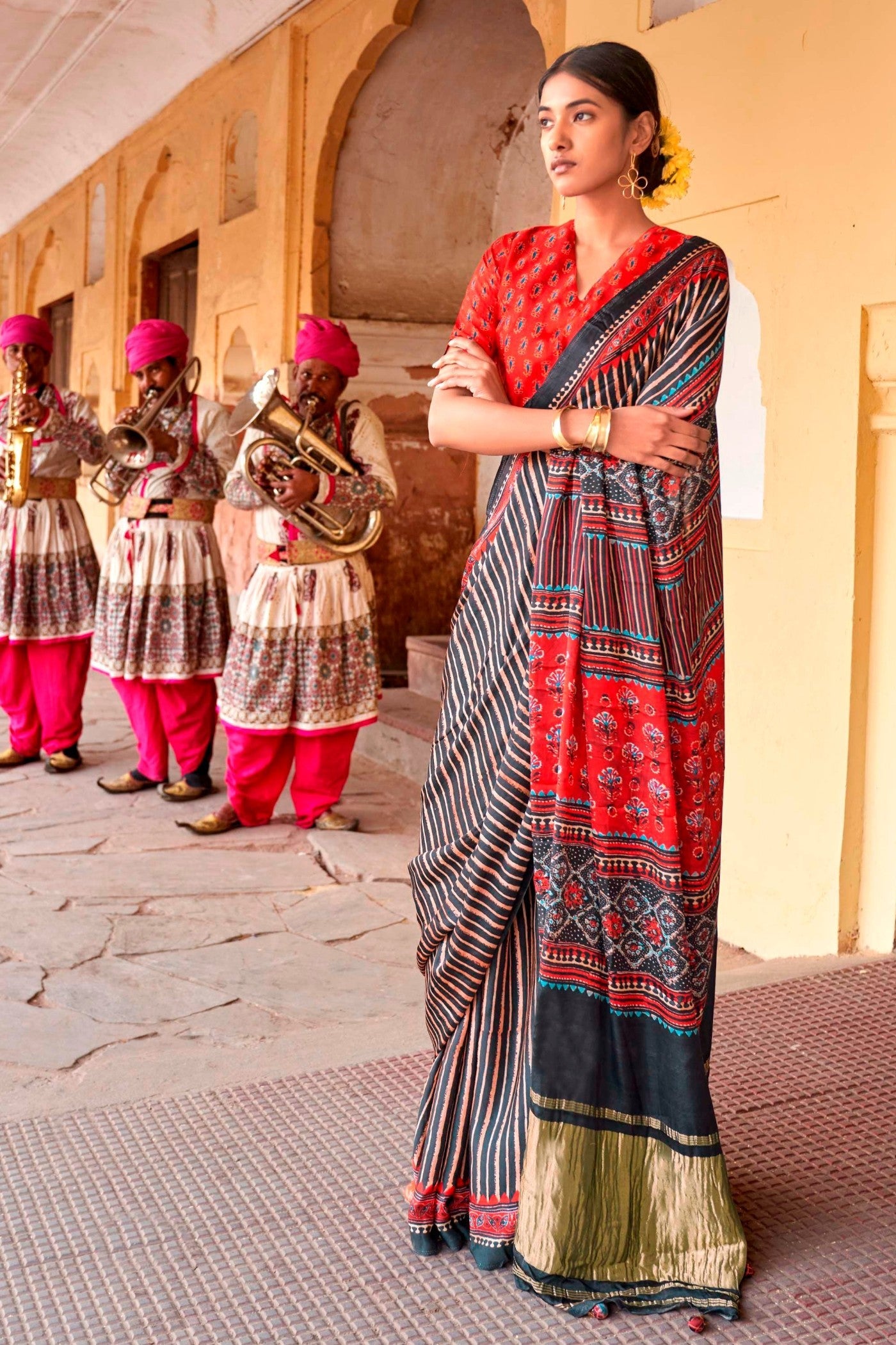 Spicy Grey Ajrakh Handprinted Satin Saree