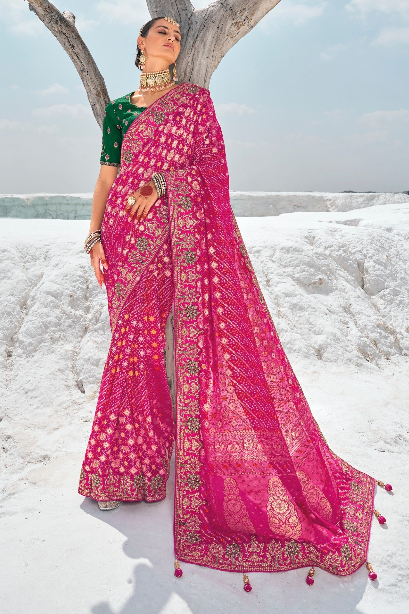 Magenta Pink Georgette Patola Saree