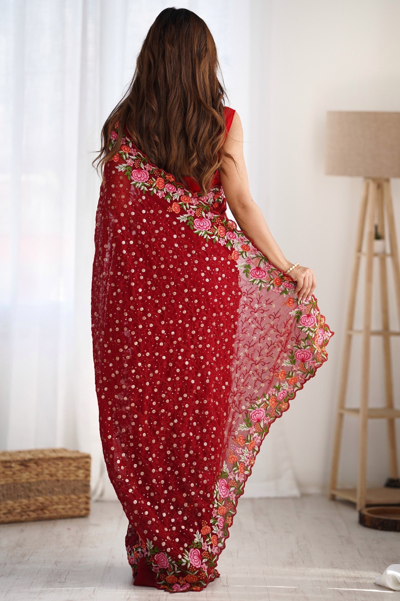 Rose Red Embroidered Georgette Saree