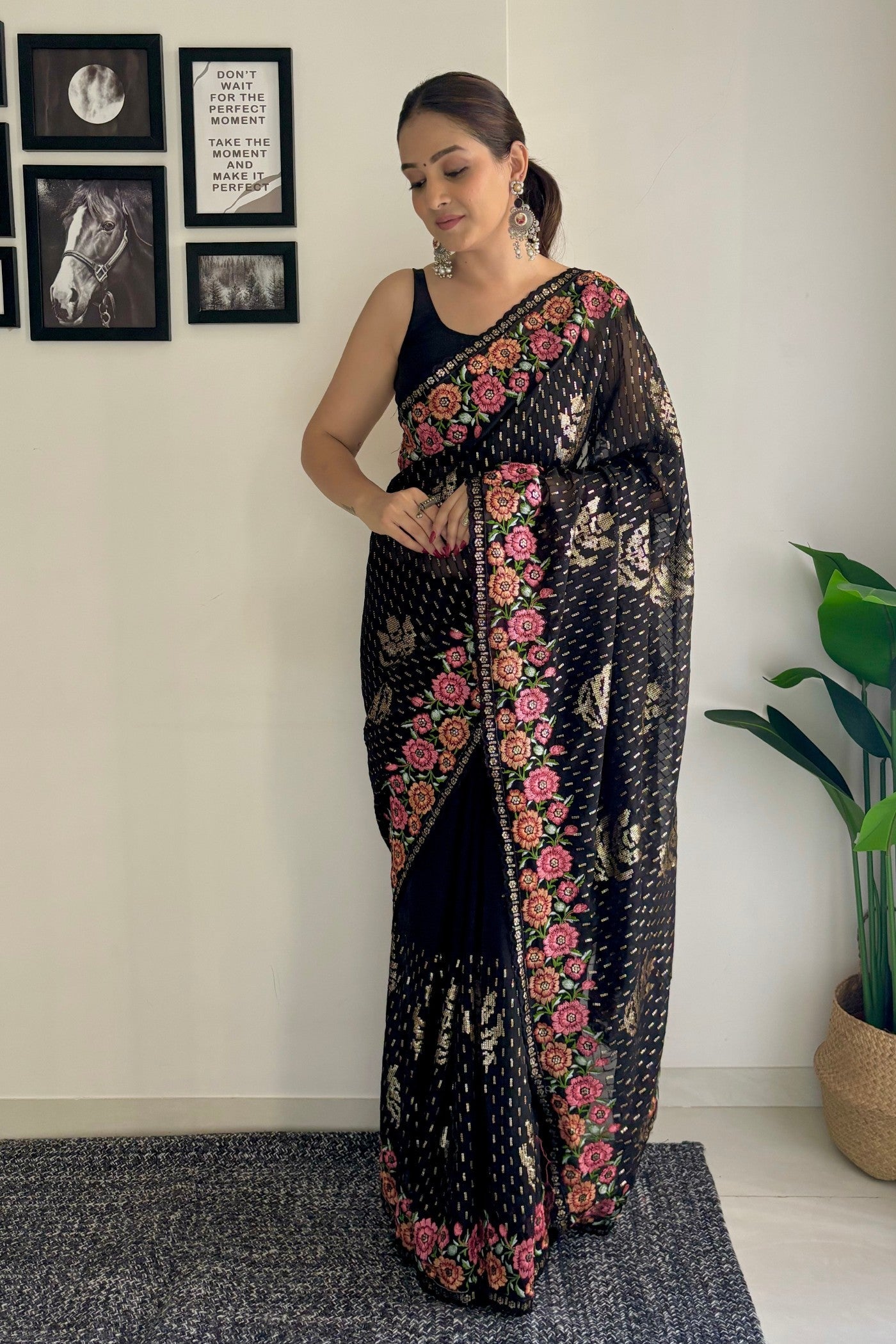 Coral Black Embroidery Designer Georgette Saree