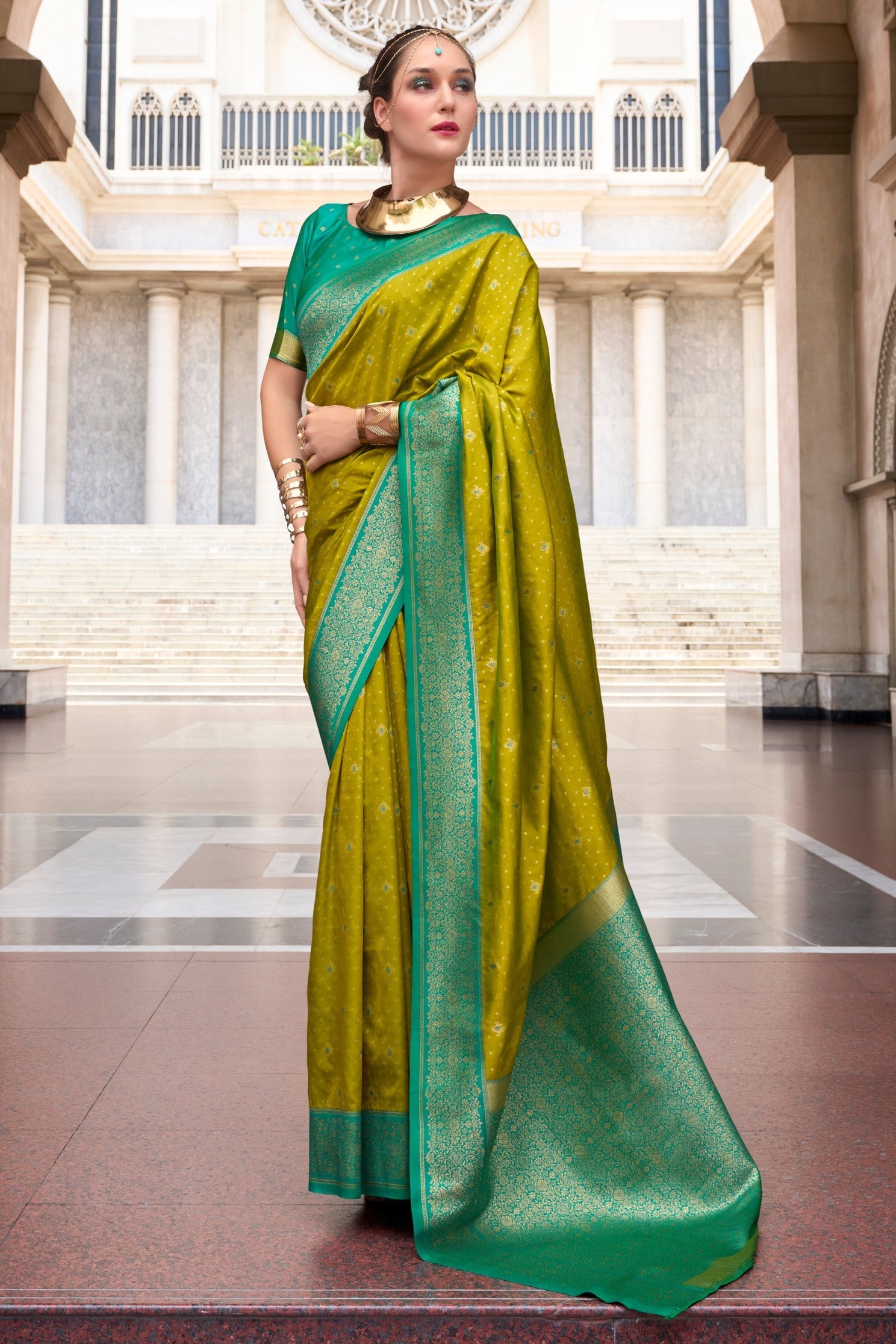 Dark Mustard Green Zari Woven Banarasi Soft Silk Saree