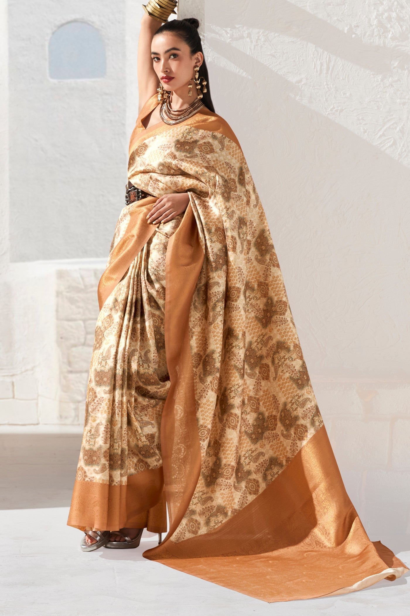 Whiskey Brown Banarasi Digital Printed Saree