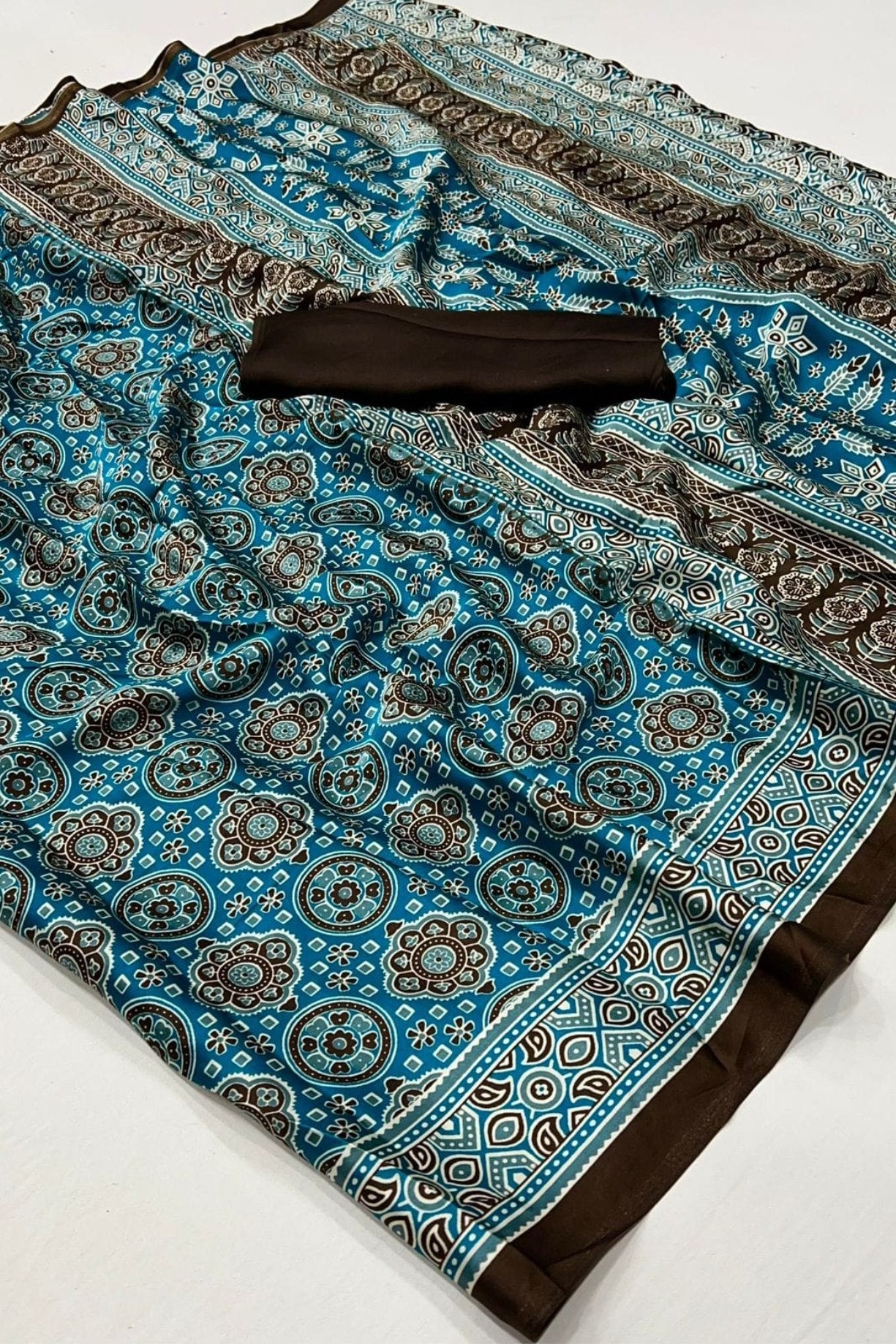 Cutty Sark Blue Printed Ajrakh Satin Crepe Saree