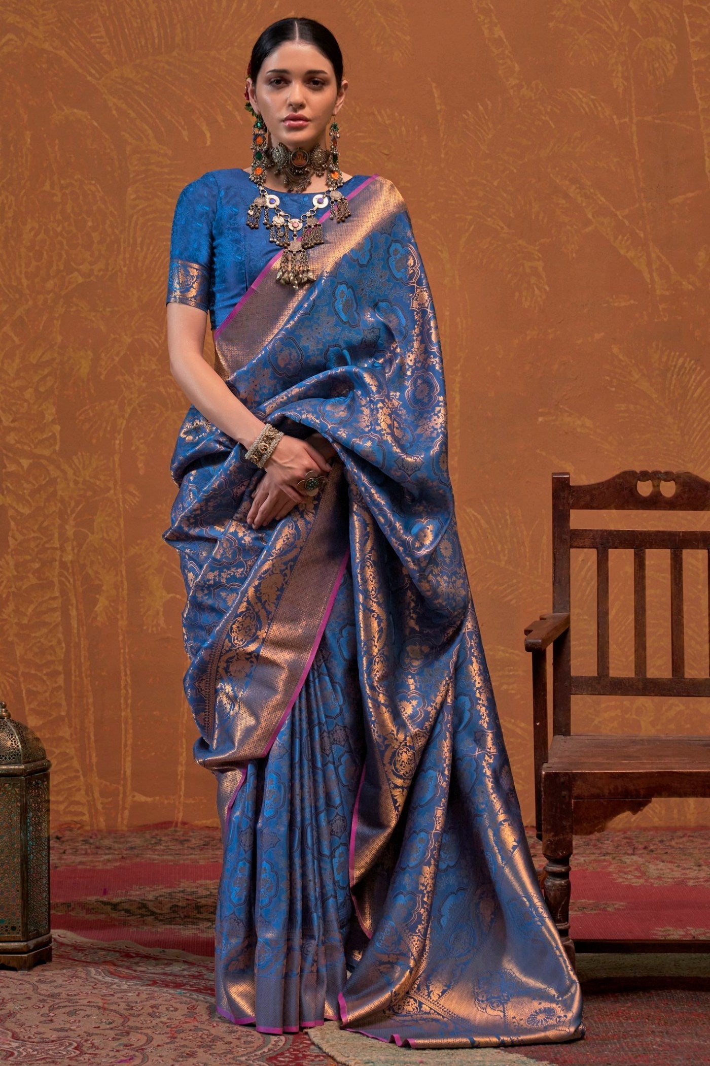 East Bay Blue Kanjivaram Handloom Saree