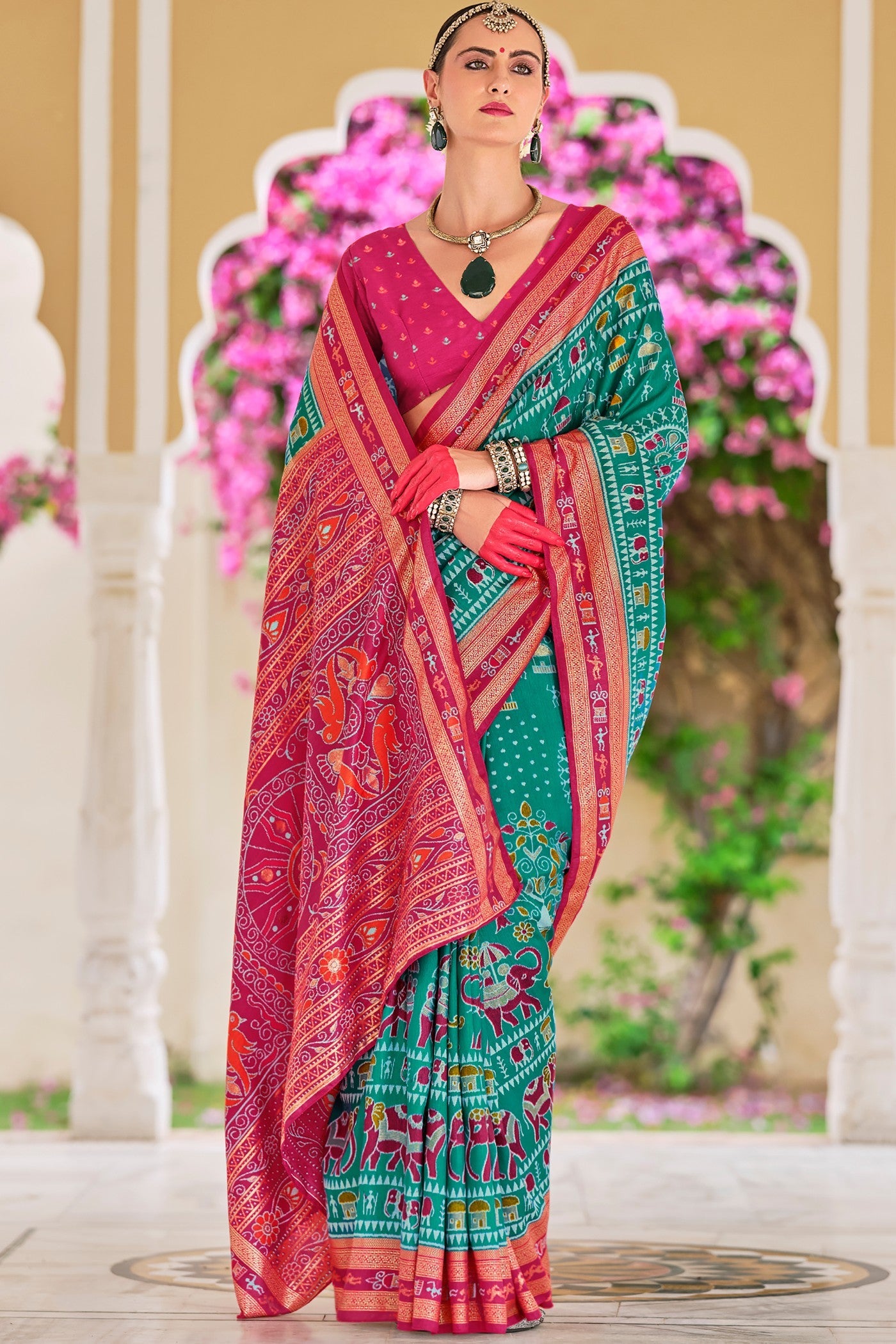 Jungle Green and Pink Printed Patola Saree