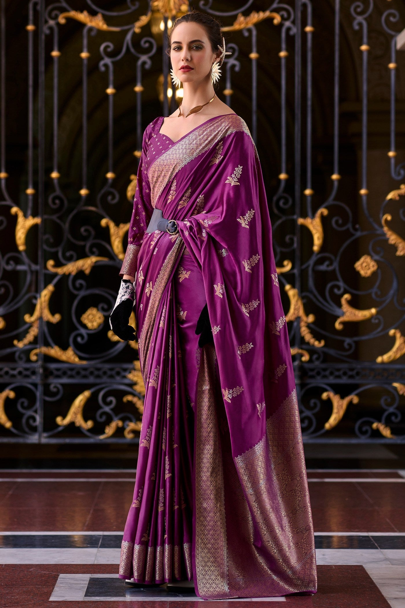 Rasian Purple Handloom Satin Silk Saree