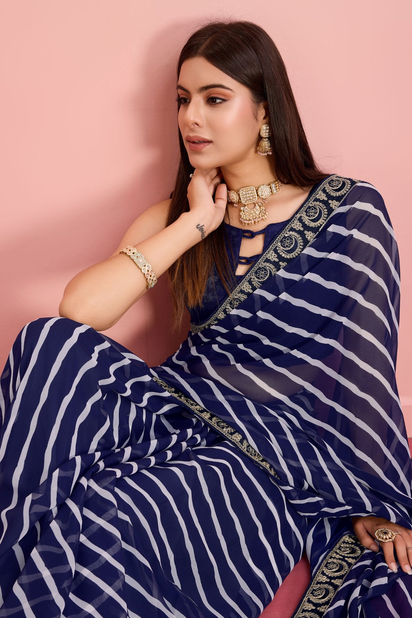 Port Gore Blue Georgette Lehriya Silk saree