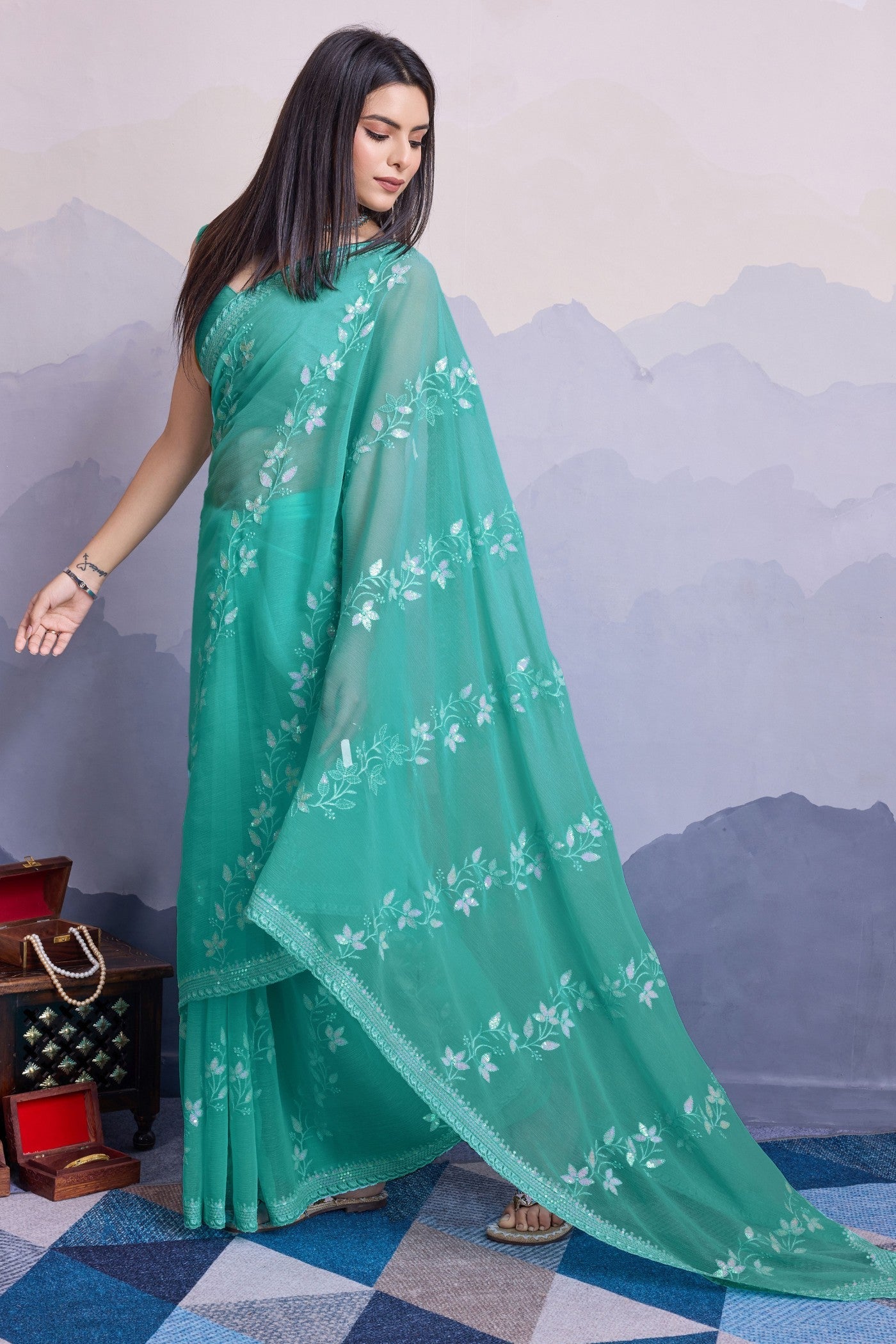 Fancy Green Embroidered Designer Chiffon Saree