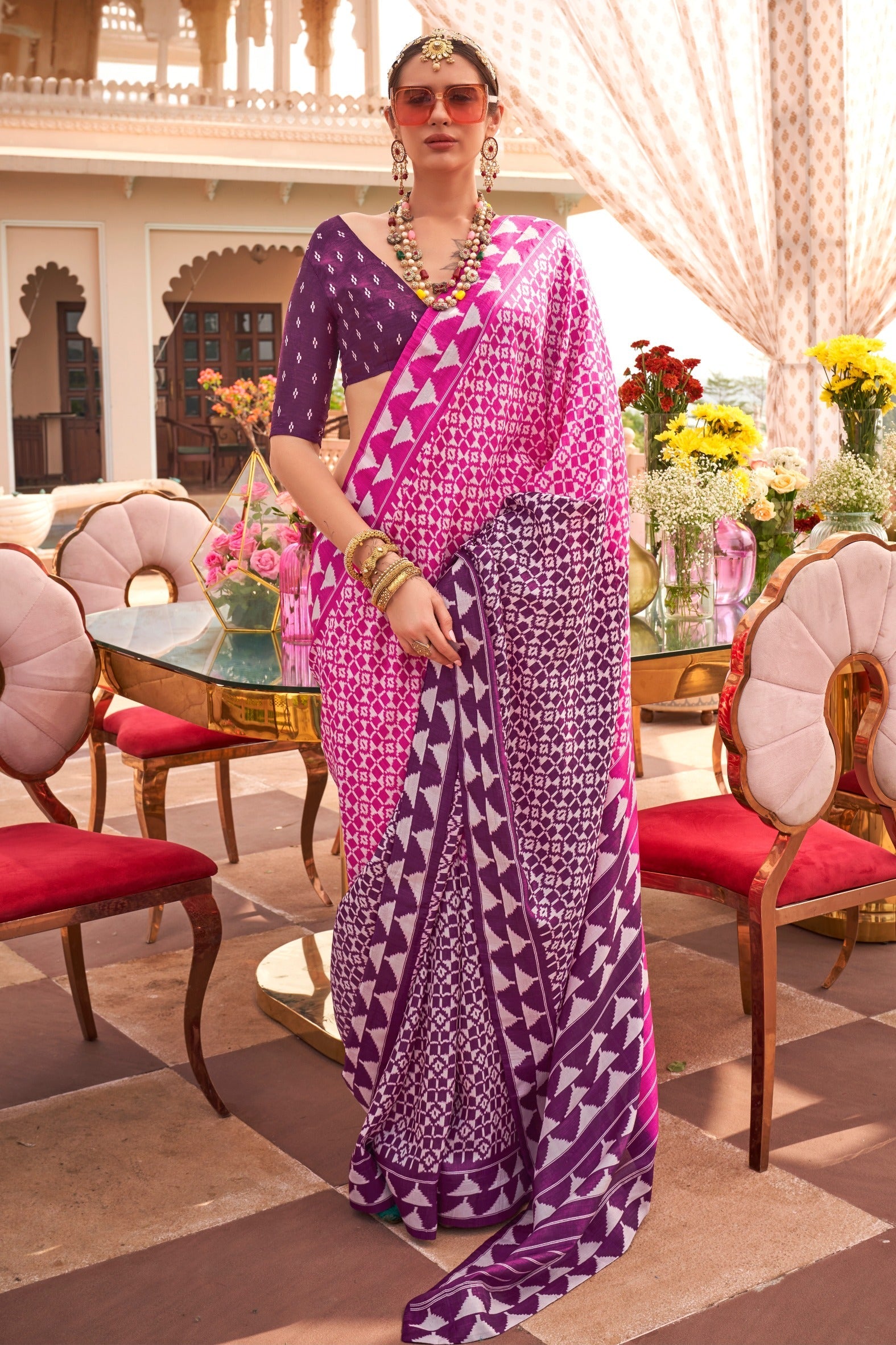 Melon Pink and Purple Printed Patola Saree