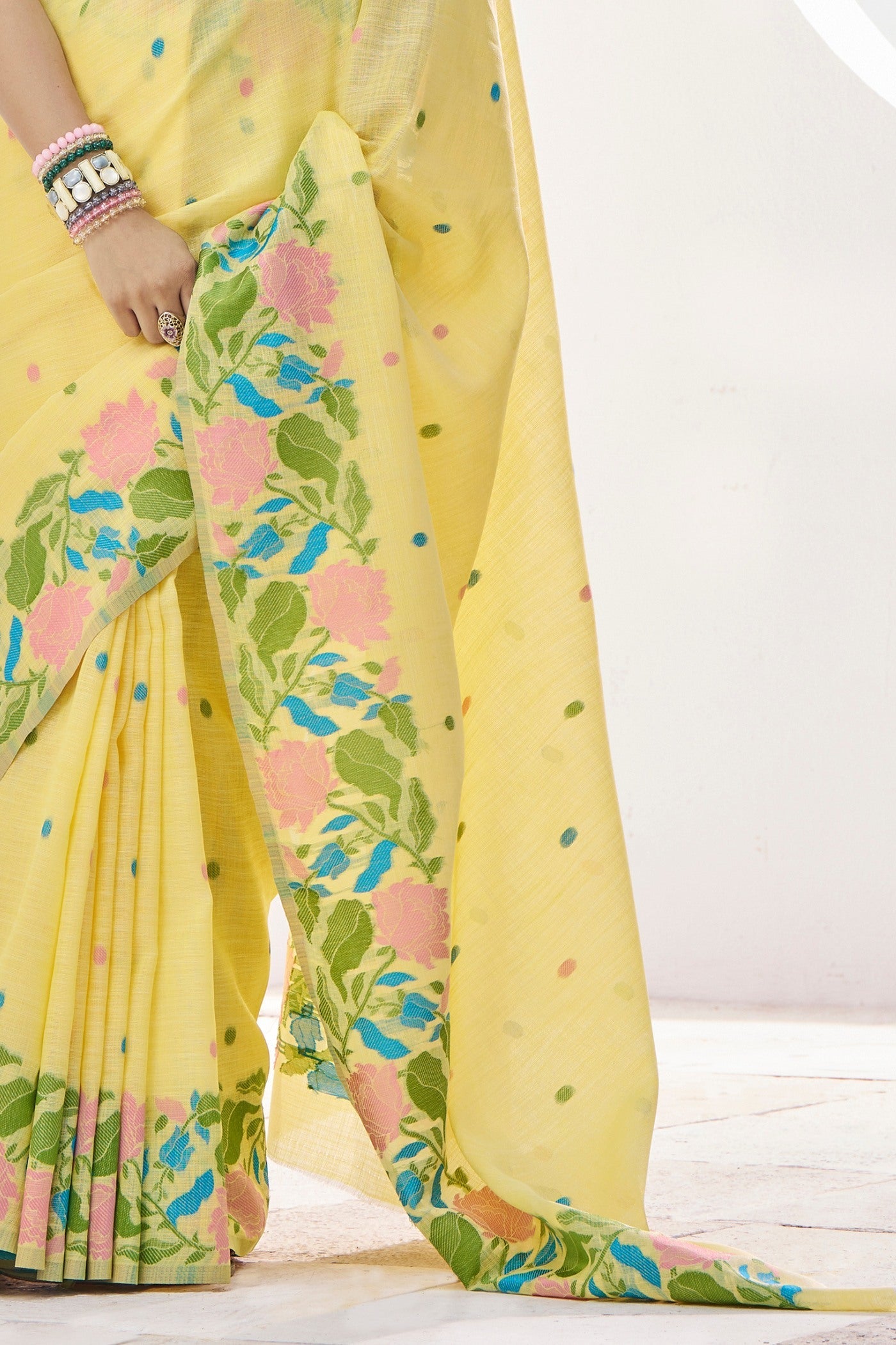 Putty Yellow Printed Linen Saree