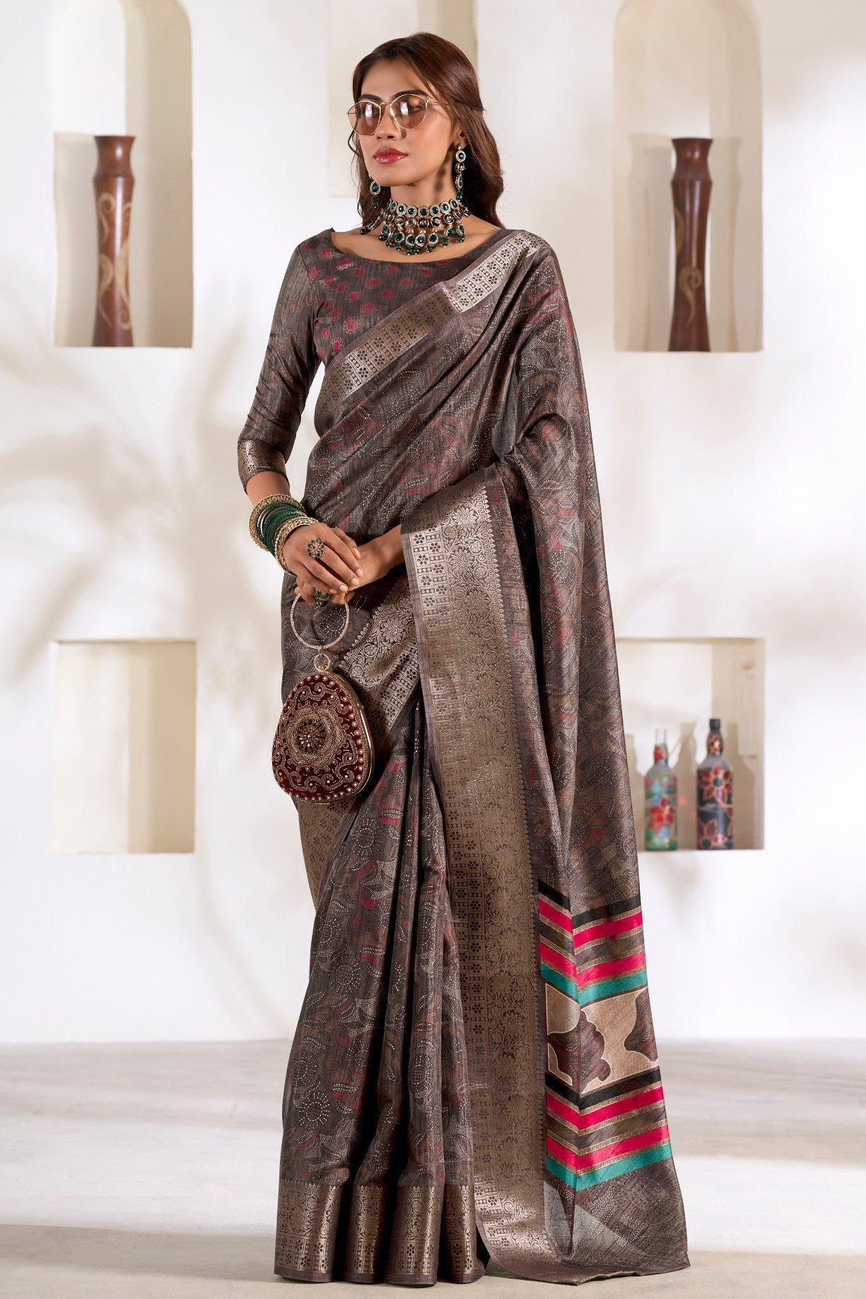 Almond Frost Brown Soft Dola Silk Saree