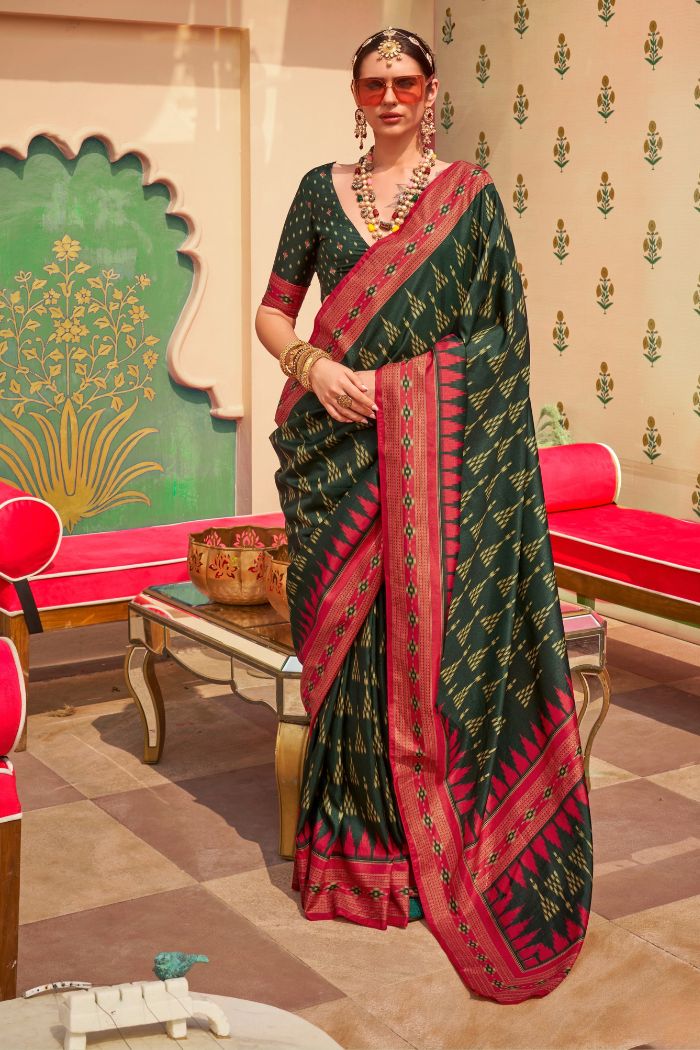 Cadmium Green Printed Banarasi Soft Silk Saree