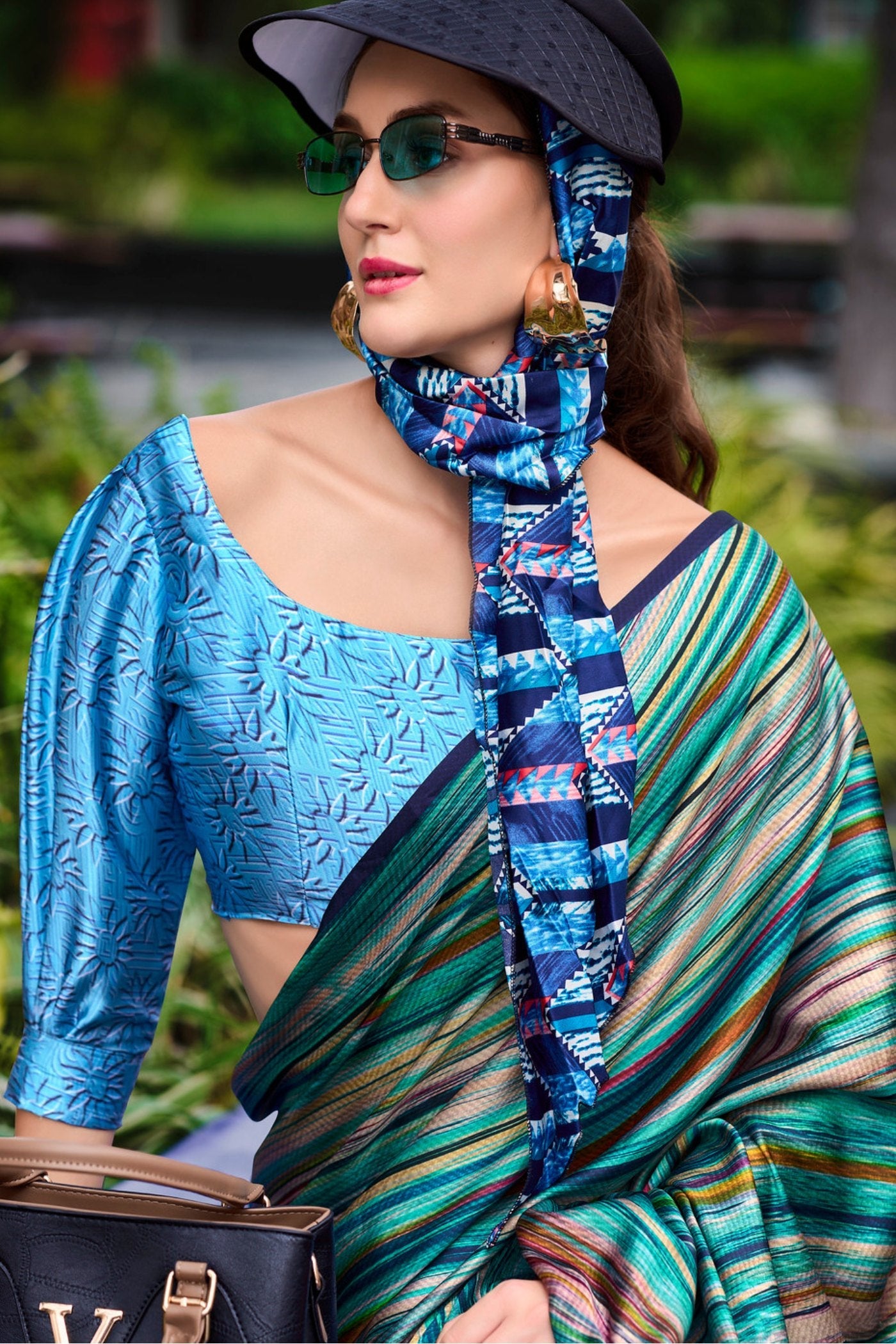 Smalt Blue Printed Satin Crepe Silk Saree