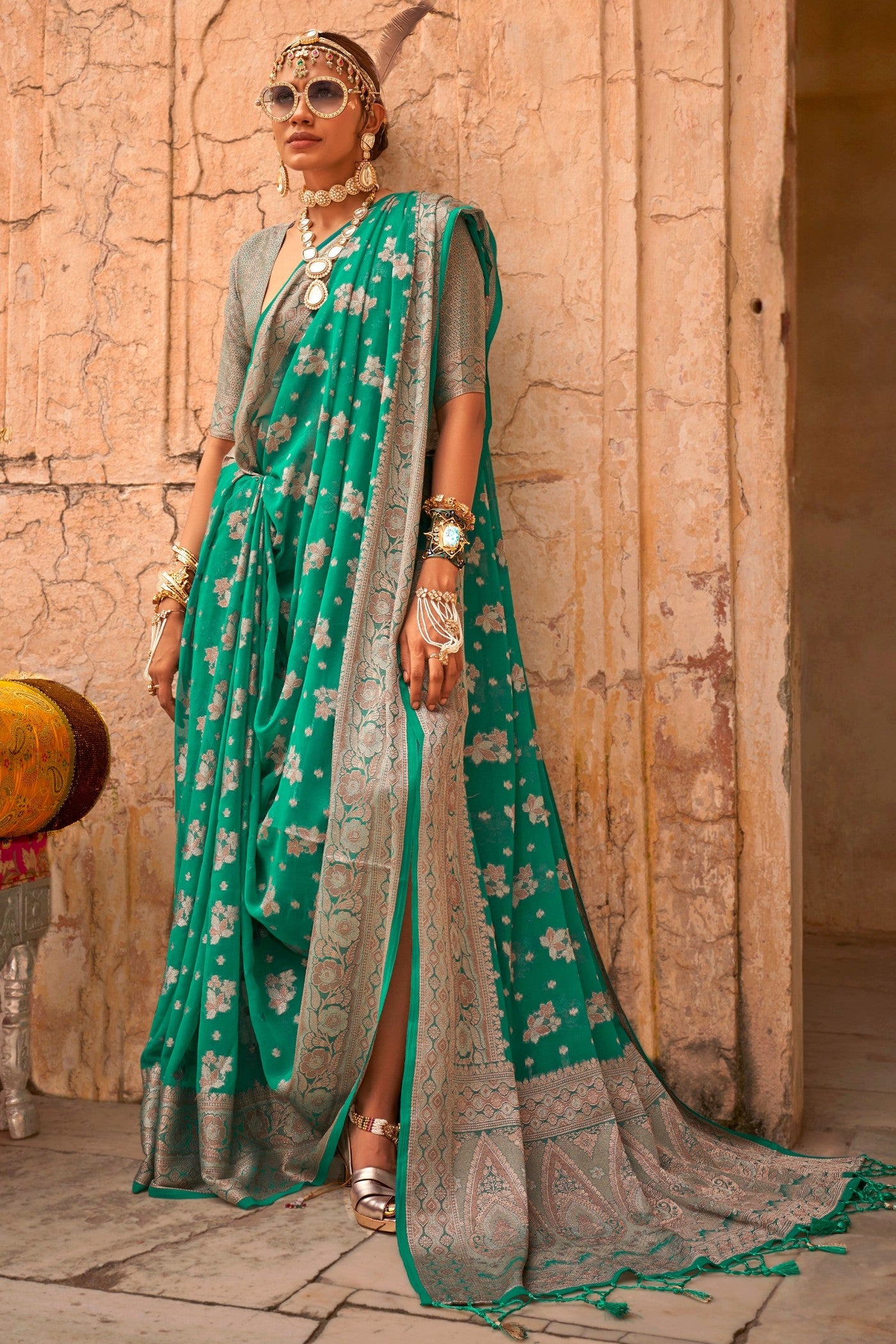 Jungle Green Zari Woven Georgette Saree