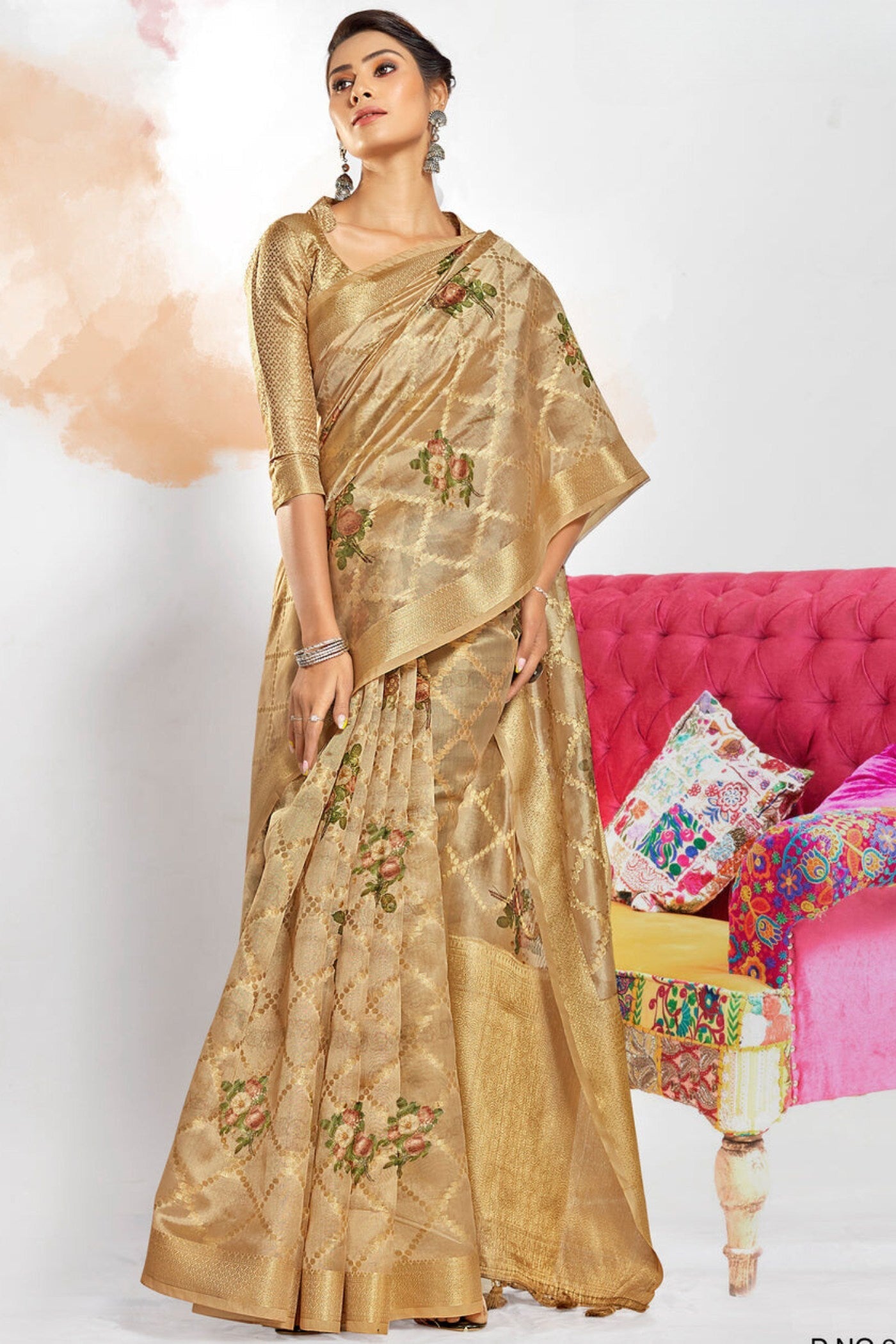 Tussock Cream Digital Printed Banarasi Saree