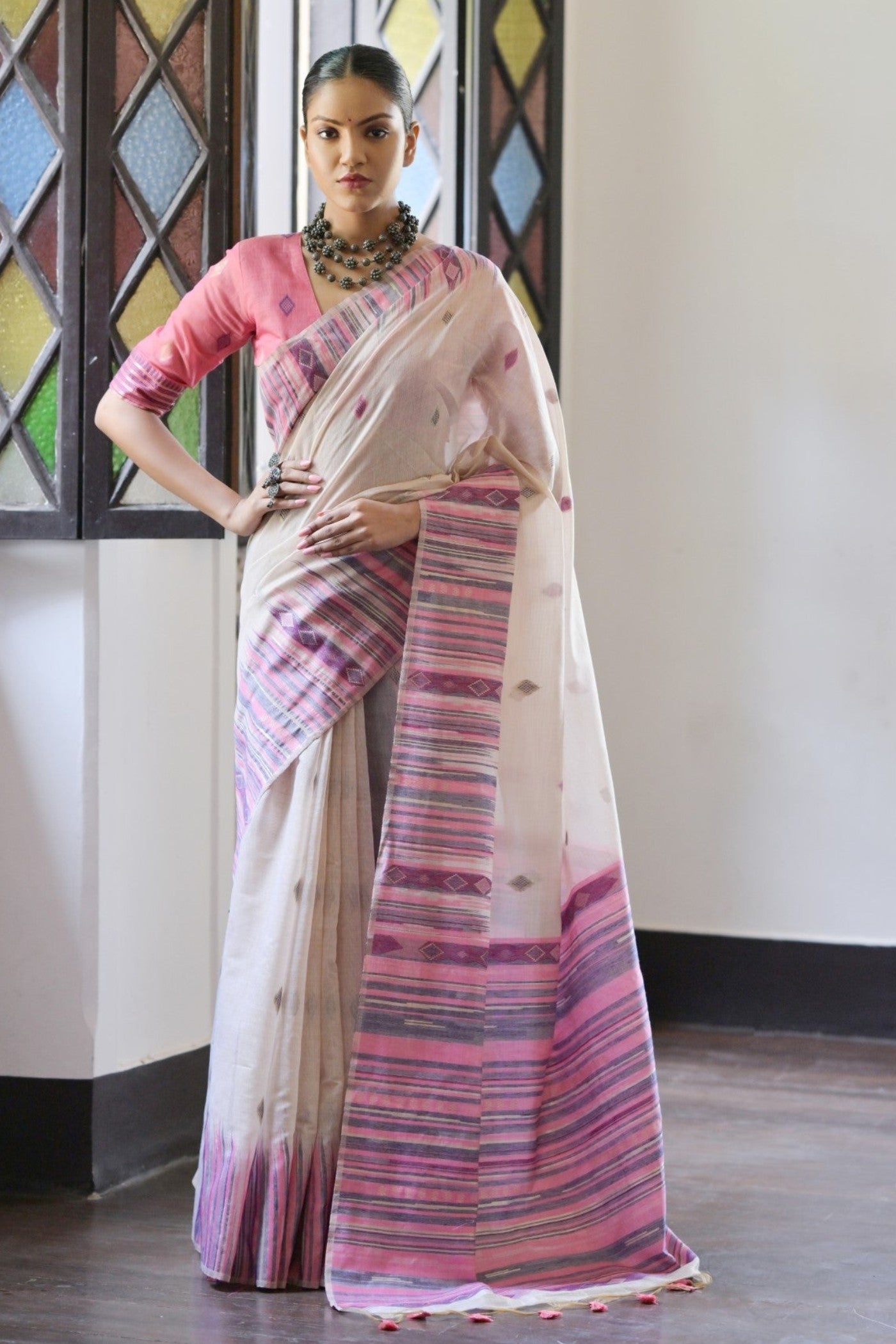 Smoke White and Purple Muga Cotton Saree