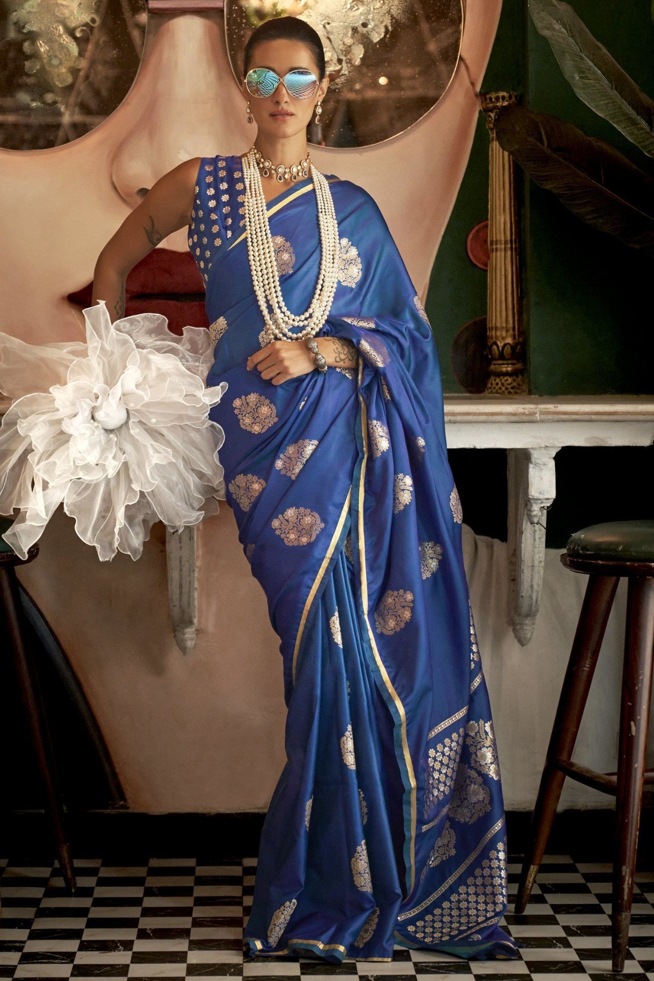 Kashmir Blue Banarasi Handloom Satin Saree