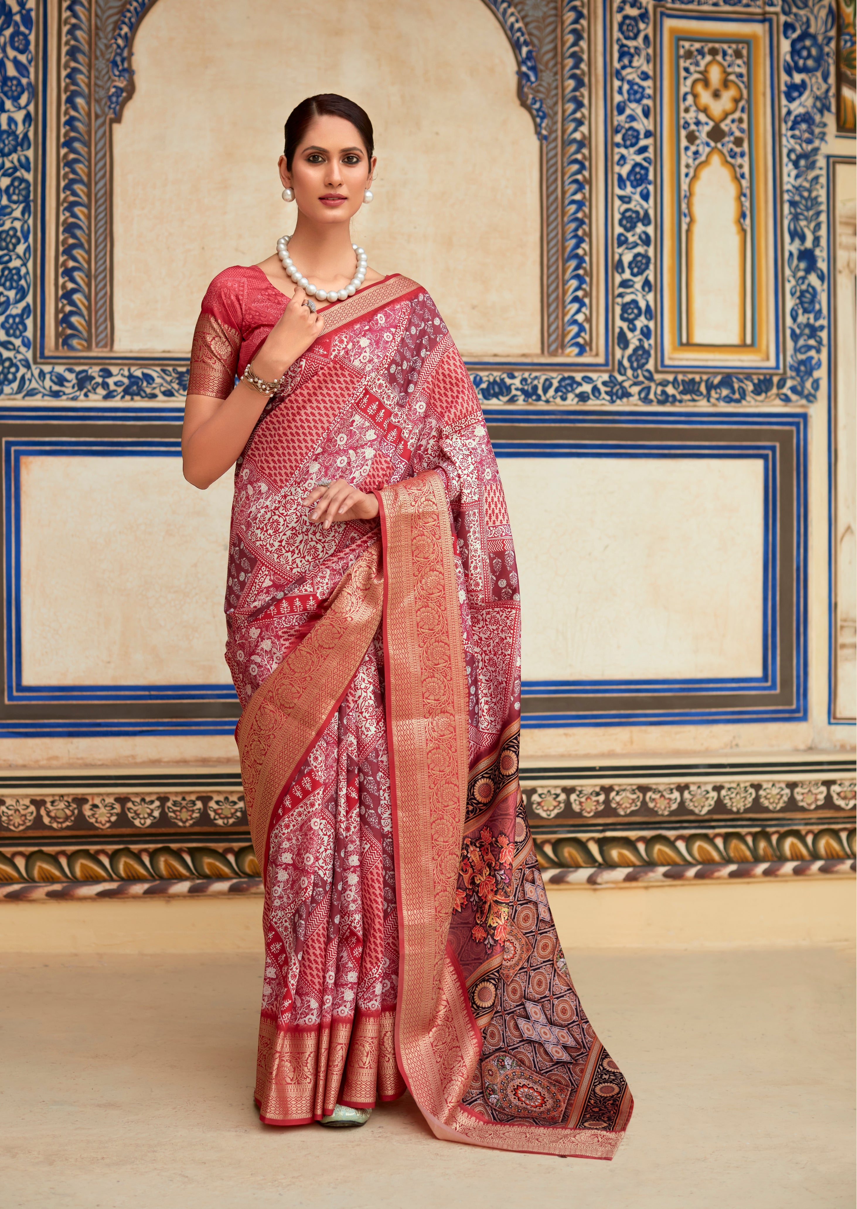 Lotus Pink Banarasi Printed Silk Saree