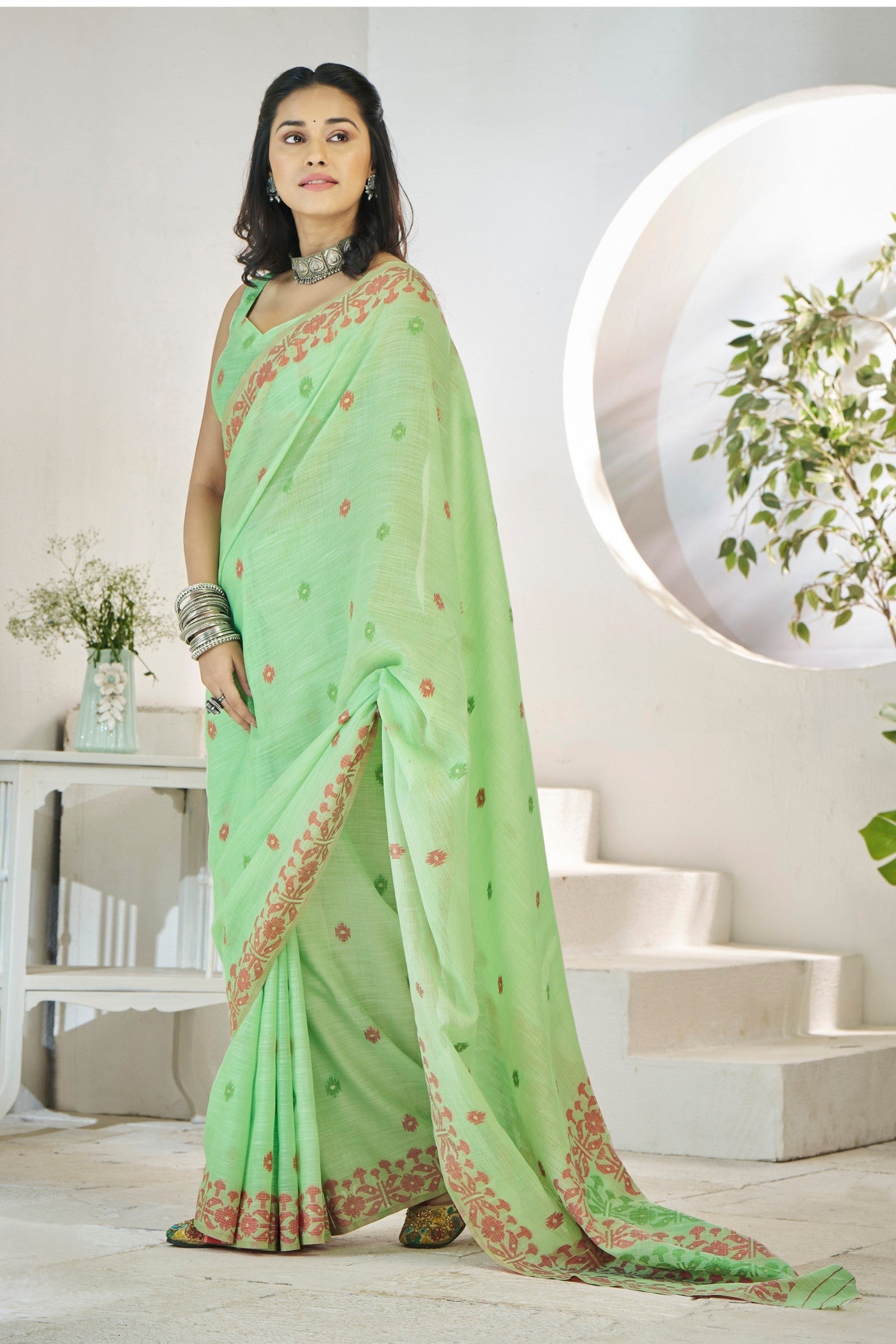 Feijoa Green Woven Linen Saree