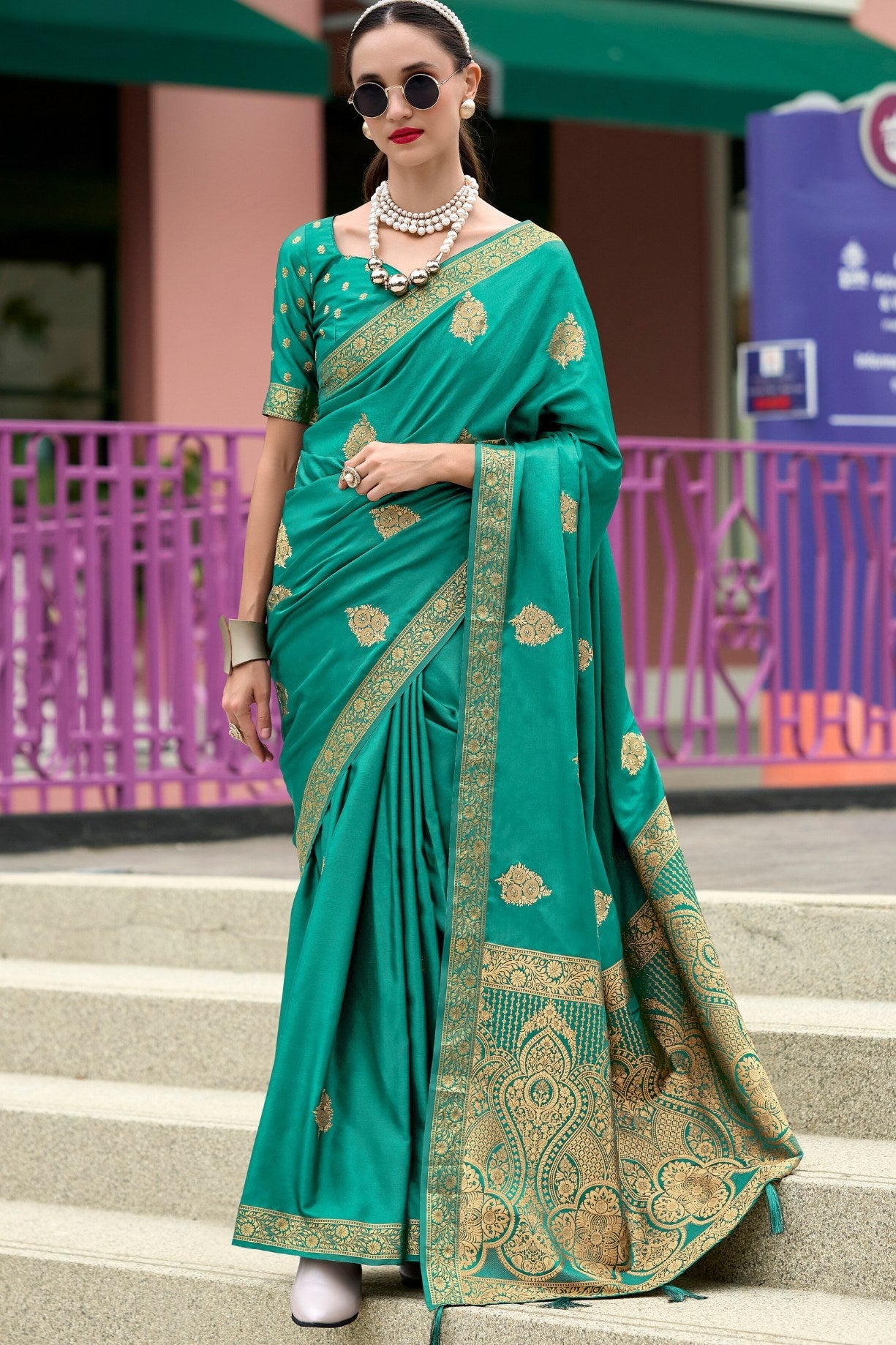 Viridian Green Banarasi Handloom Satin Saree