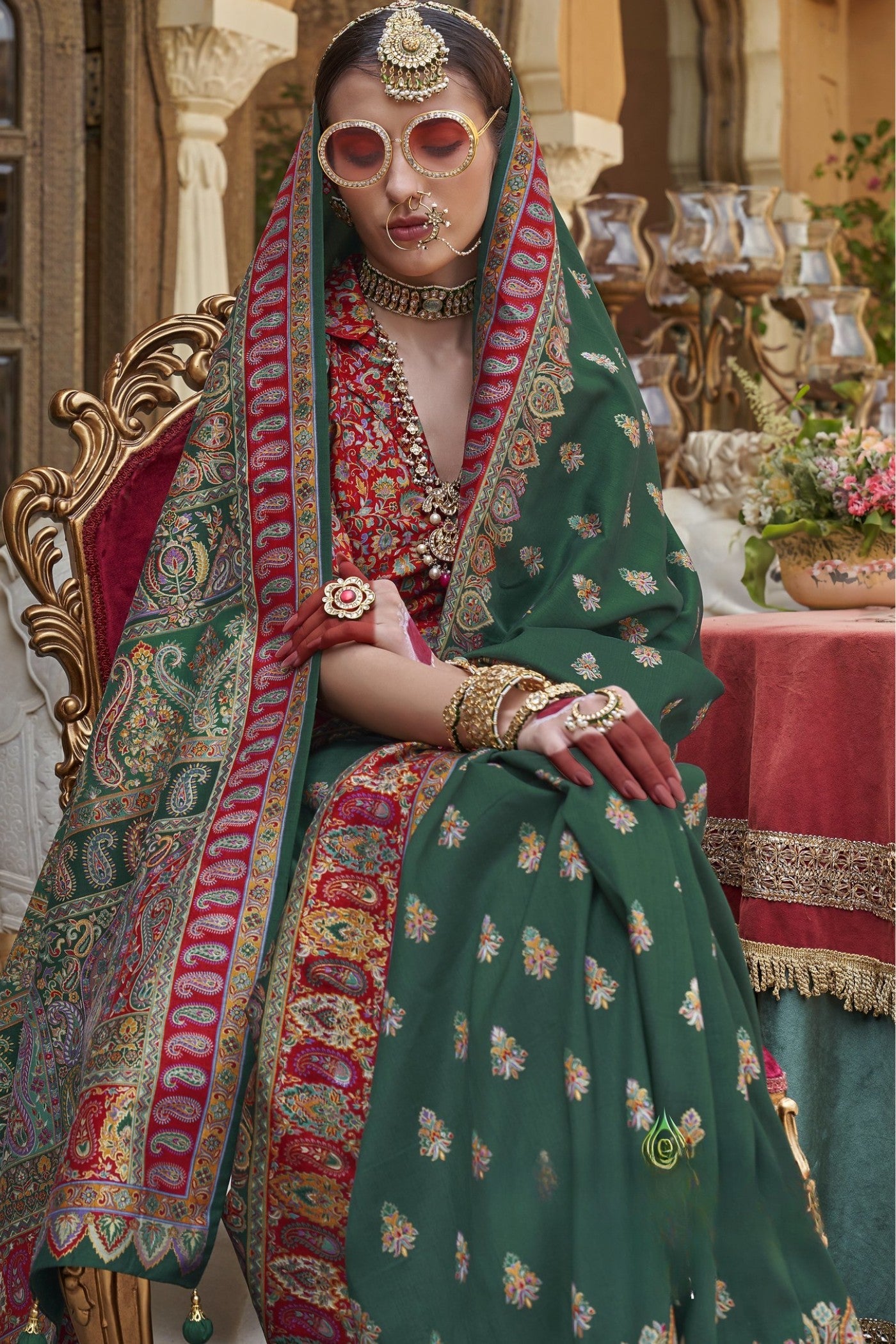 Gladiolus Green Banarasi Jamawar Saree