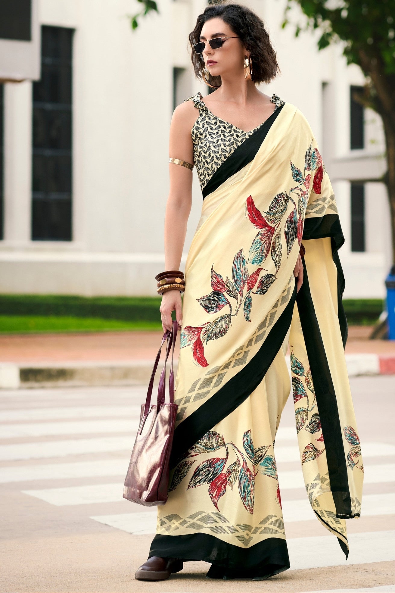 Bisque Cream Printed Satin Crepe Saree